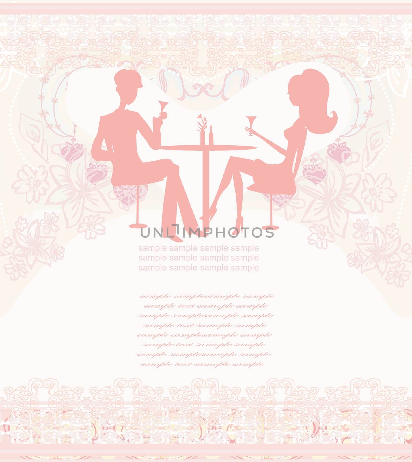 Young couple flirt and drink champagne - invitation card