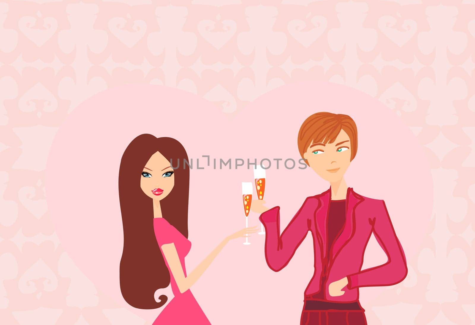 Young couple flirt and drink champagne