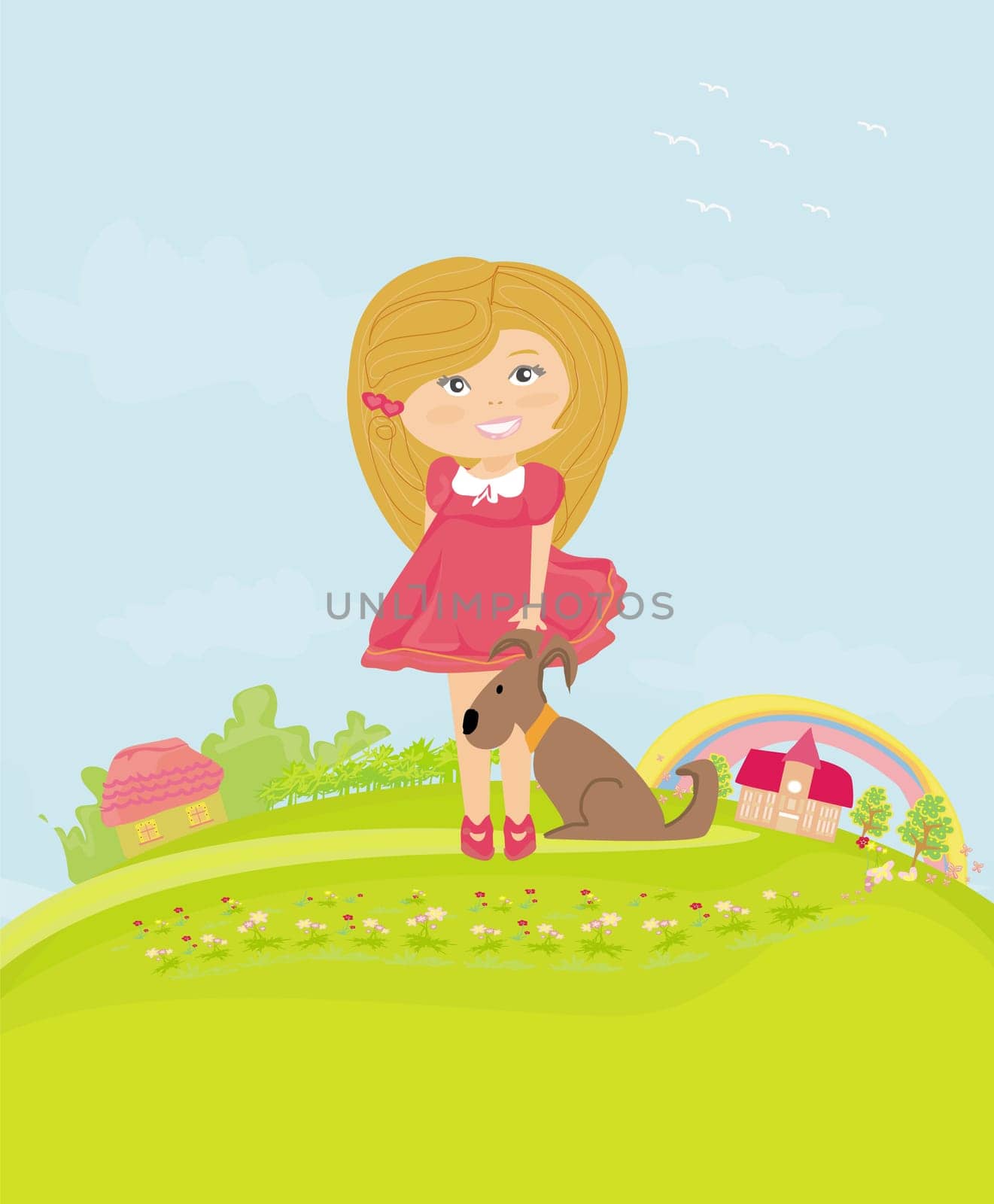 sweet little smiling girl and her puppy on rural landscape