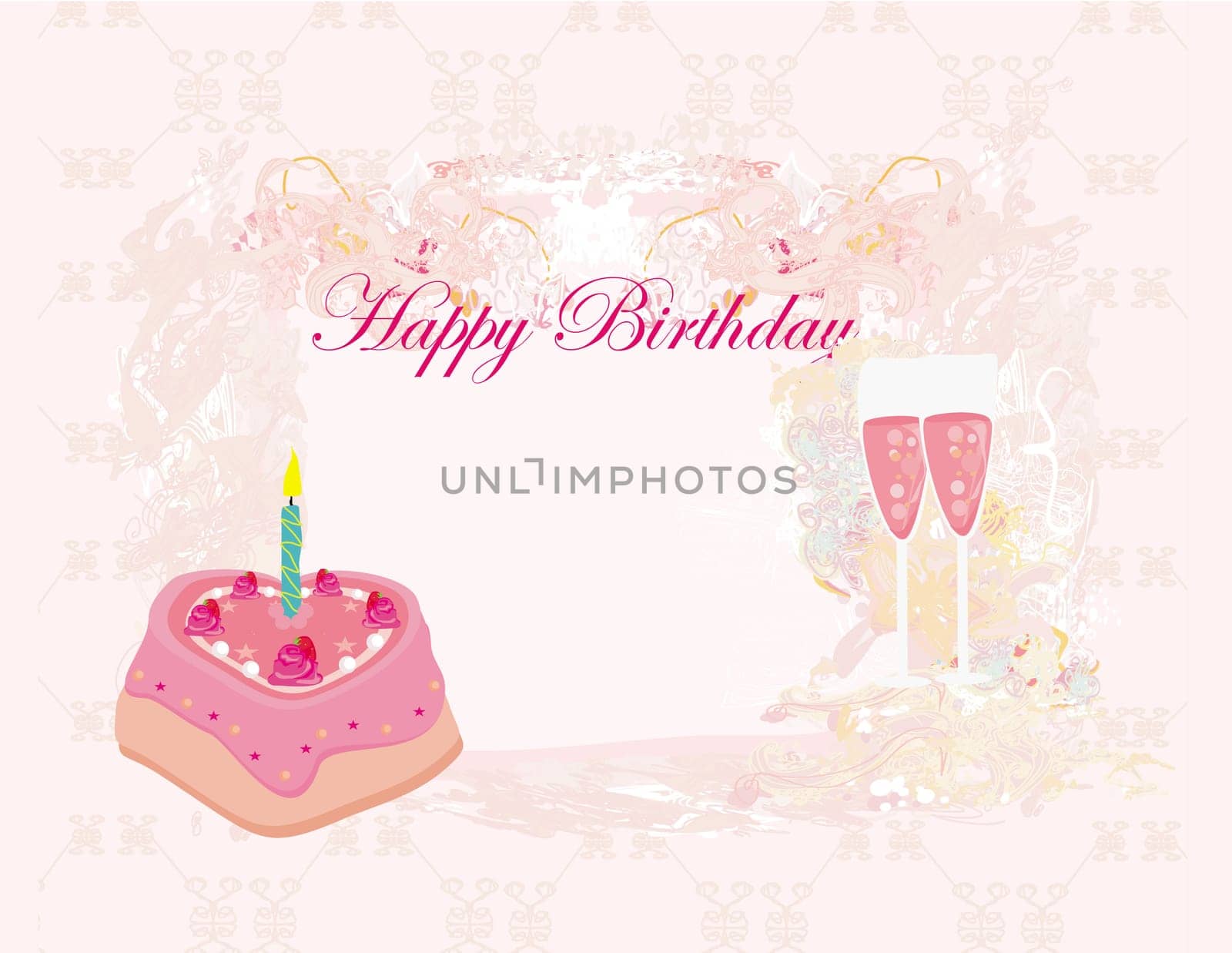 Happy Birthday Card with birthday cake and champagne