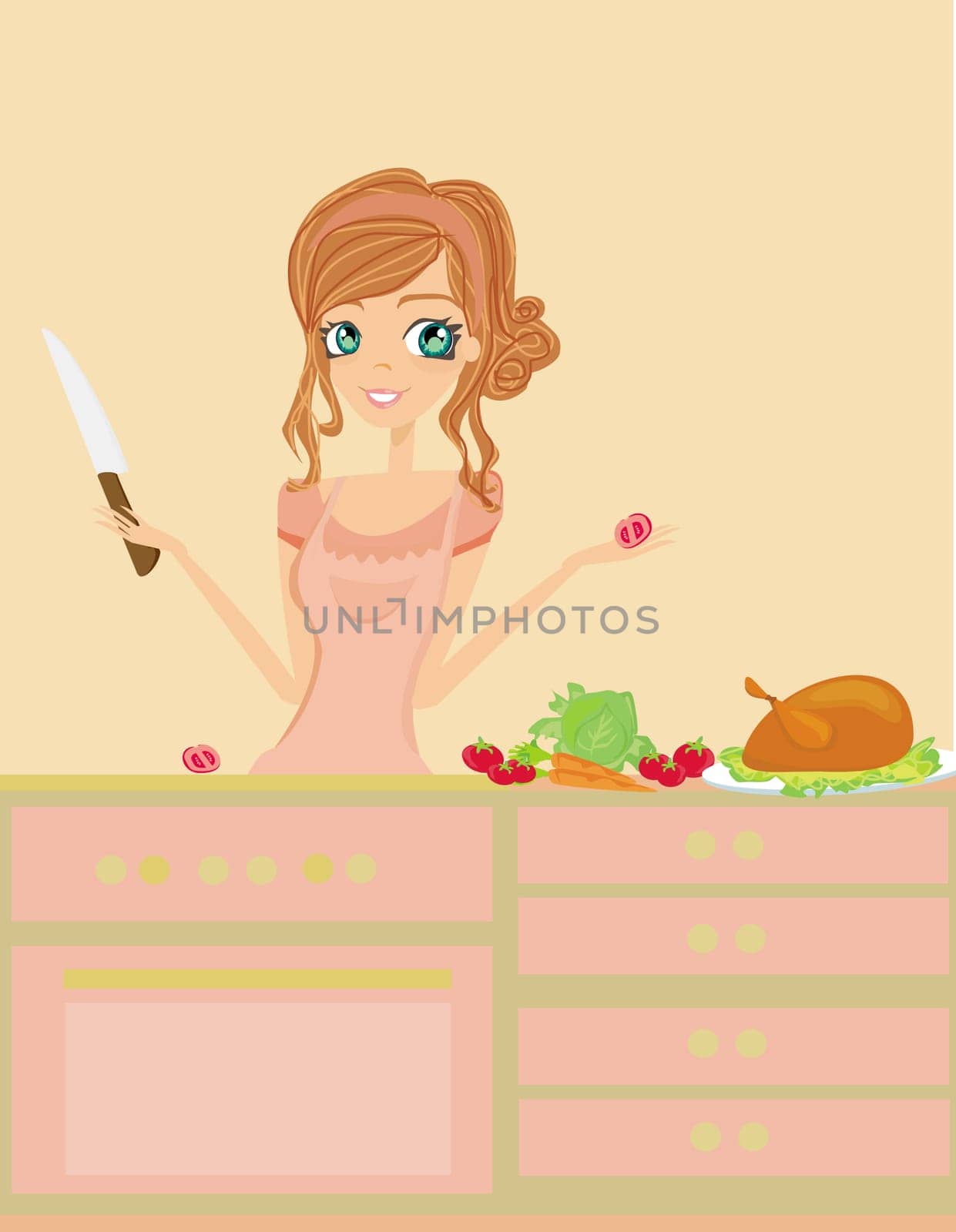 Beautiful lady cooking chicken and vegetables