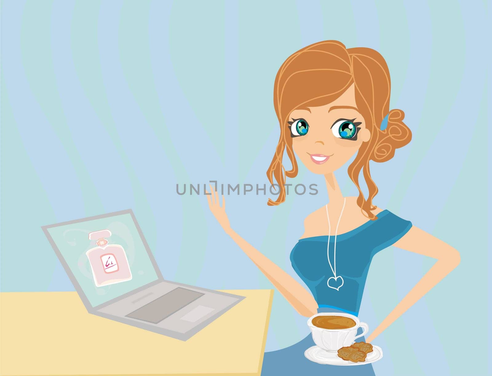 Online shopping - young smiling woman sitting with laptop computer