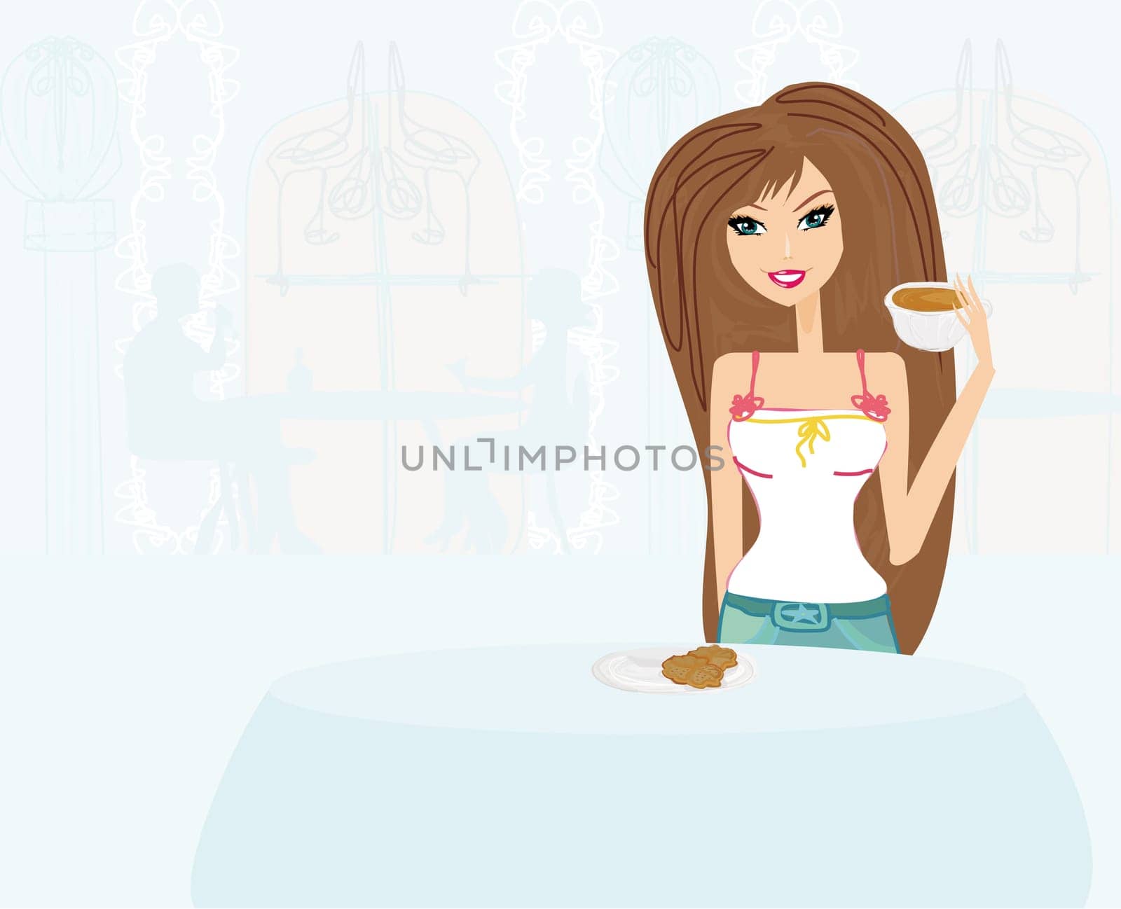 Beautiful lady drinking coffee in restaurant