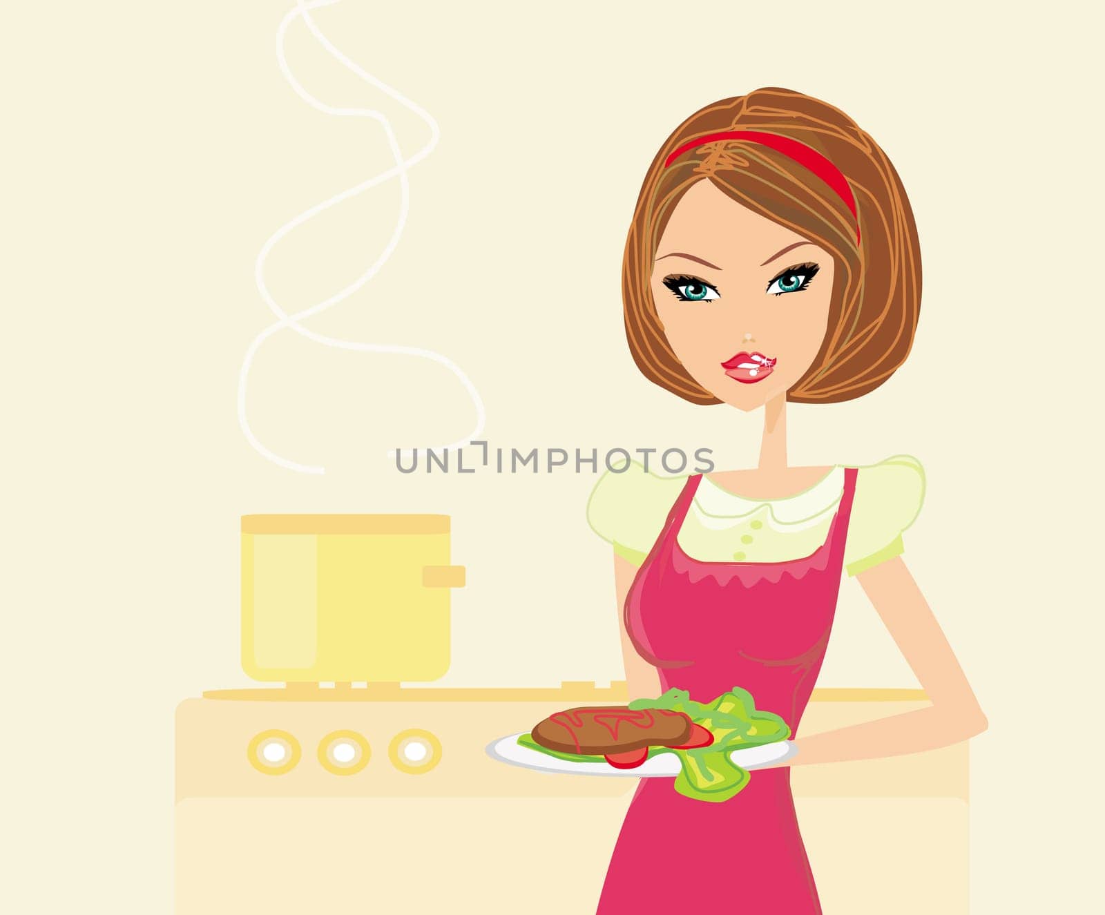 Beautiful lady cooking steak in the kitchen