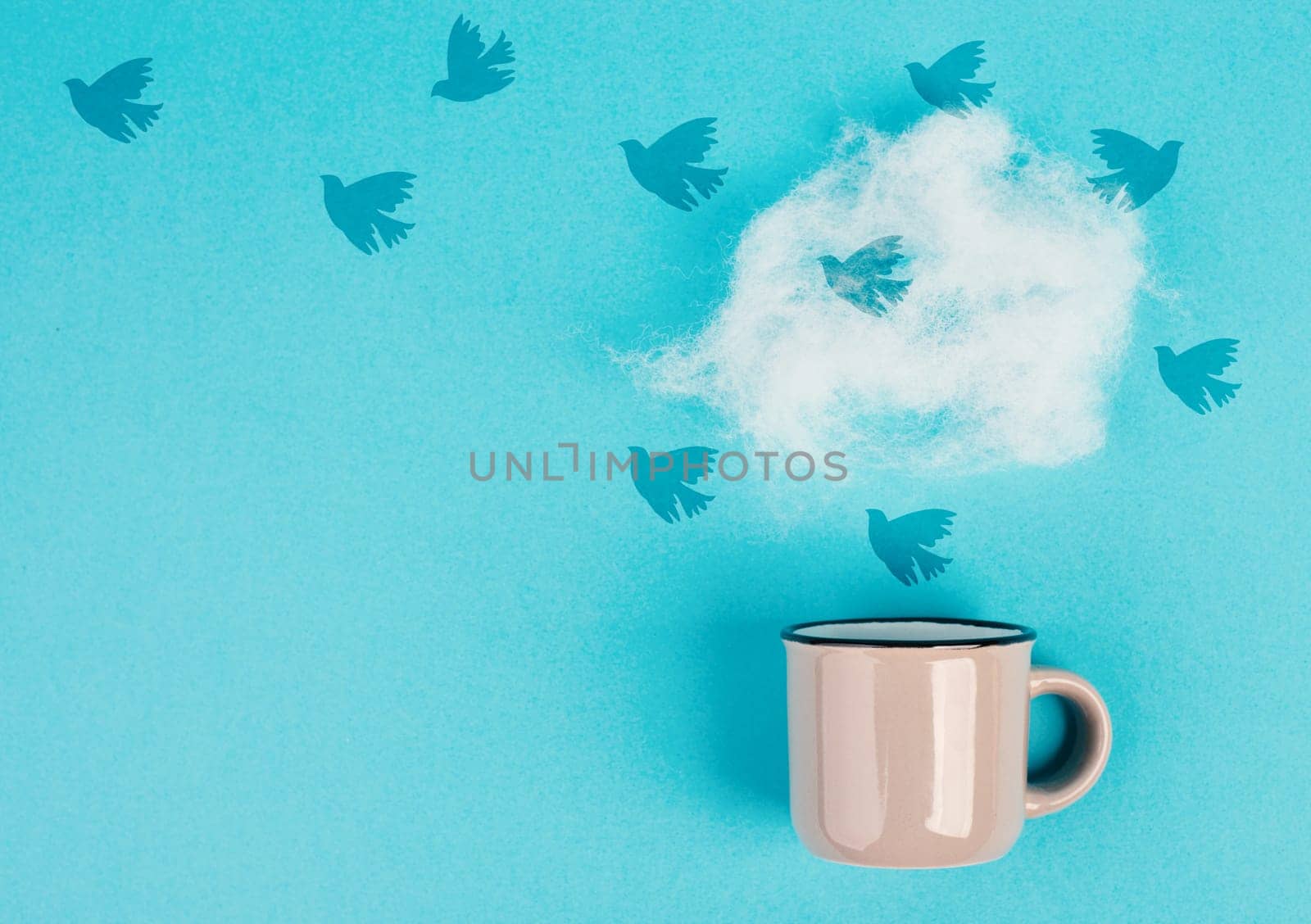 Cup of coffee with a steam cloud, birds flying to the sky, pastel colors, brainstorming for ideas, mindset of freedom, creative business idea, optimistic future, taking a break