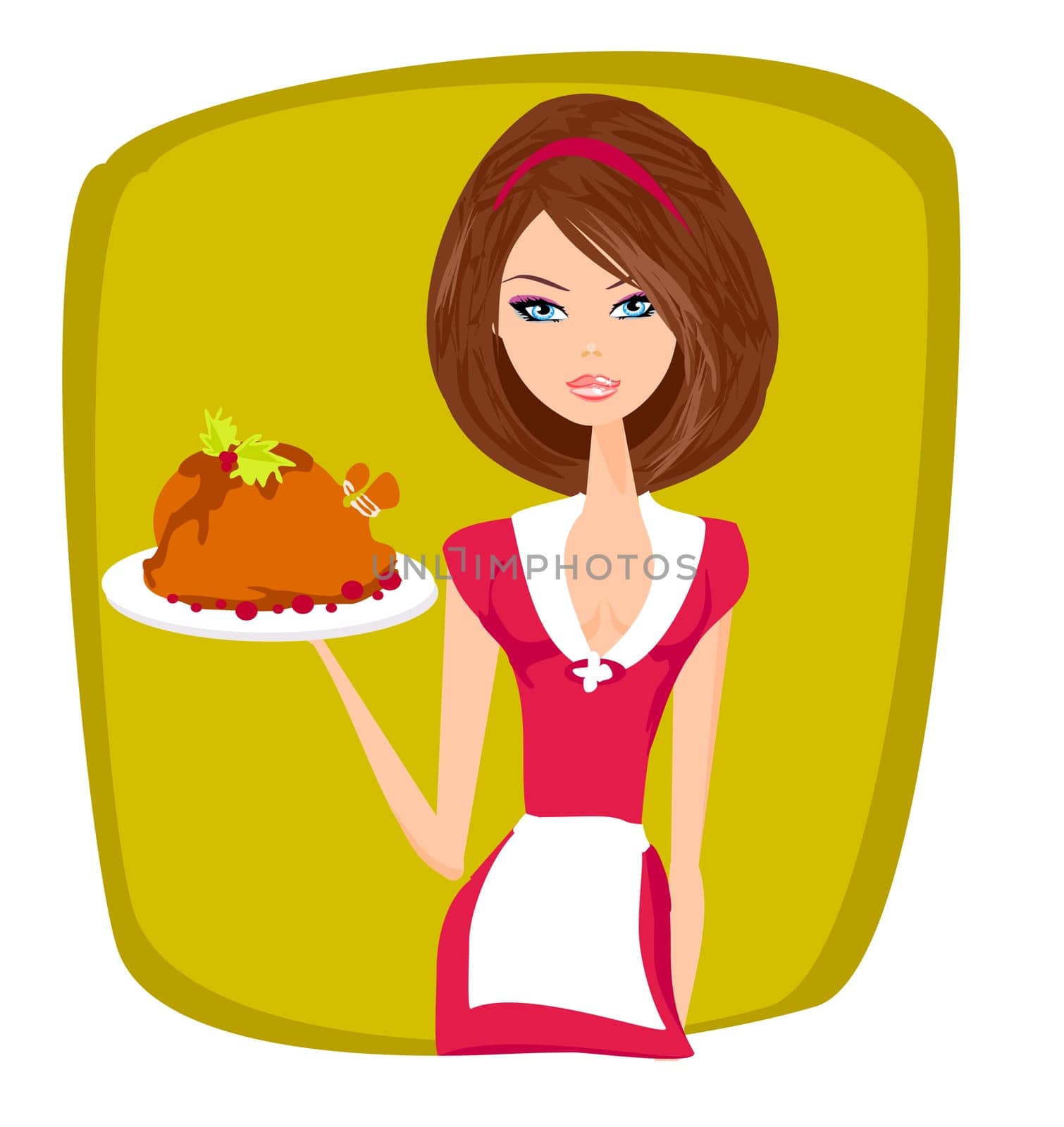 A beautiful woman waitress enjoys chicken on a tray