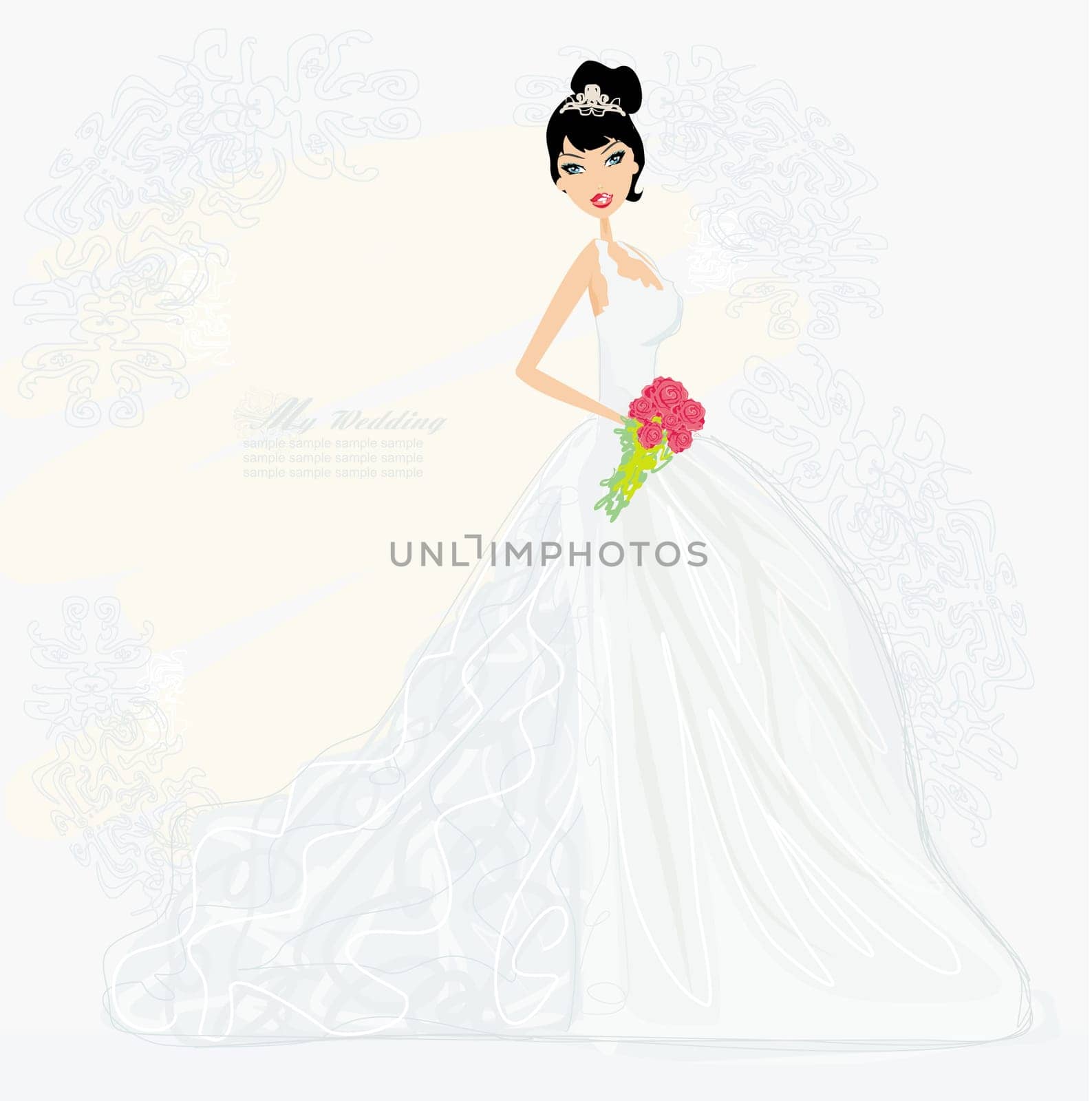 Beautiful bride with red roses card