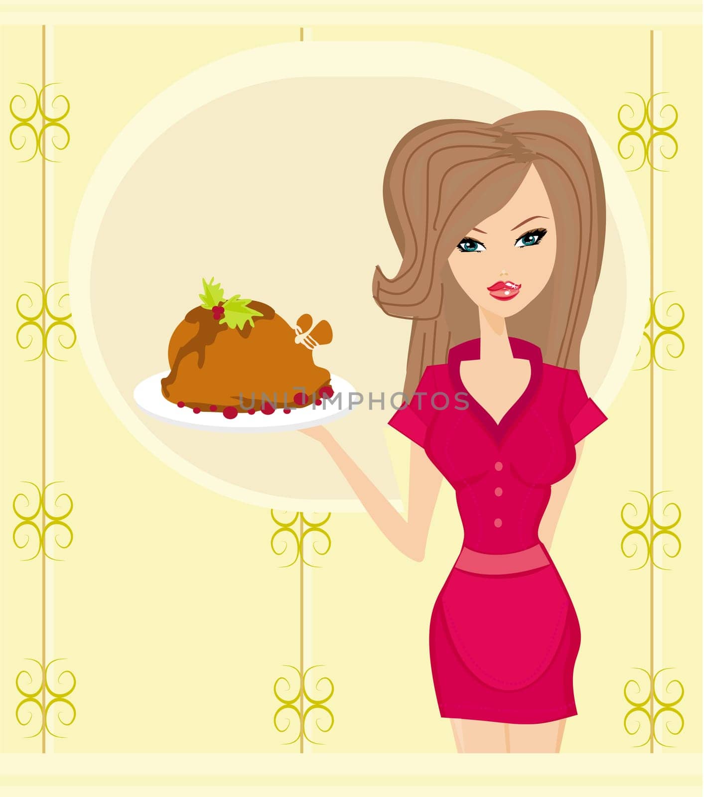 A beautiful woman waitress enjoys chicken on a tray