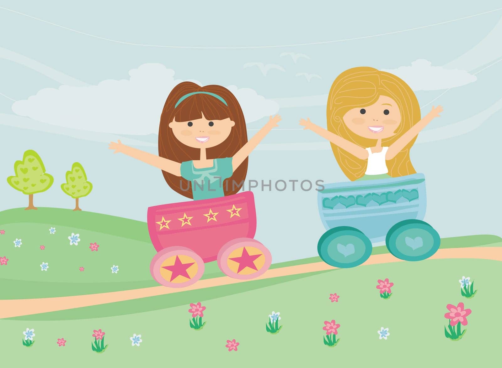 happy sweet little girls Play on rural landscape