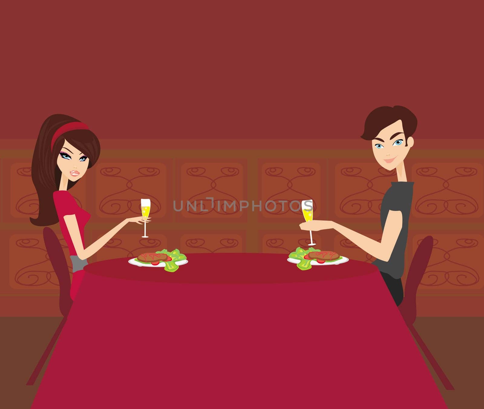 Young couple flirt and drink champagne in restaurant