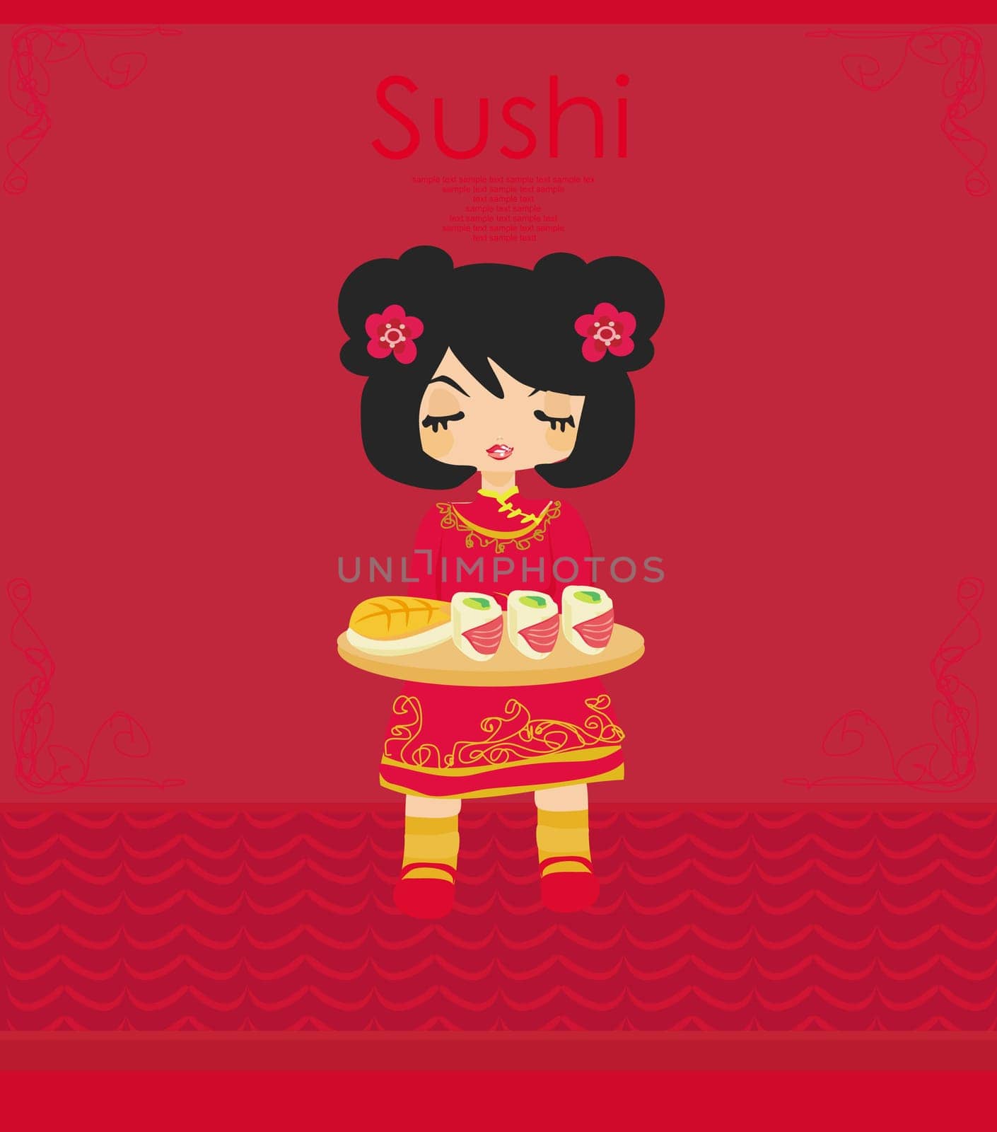 Asian little girl enjoy sushi - menu template