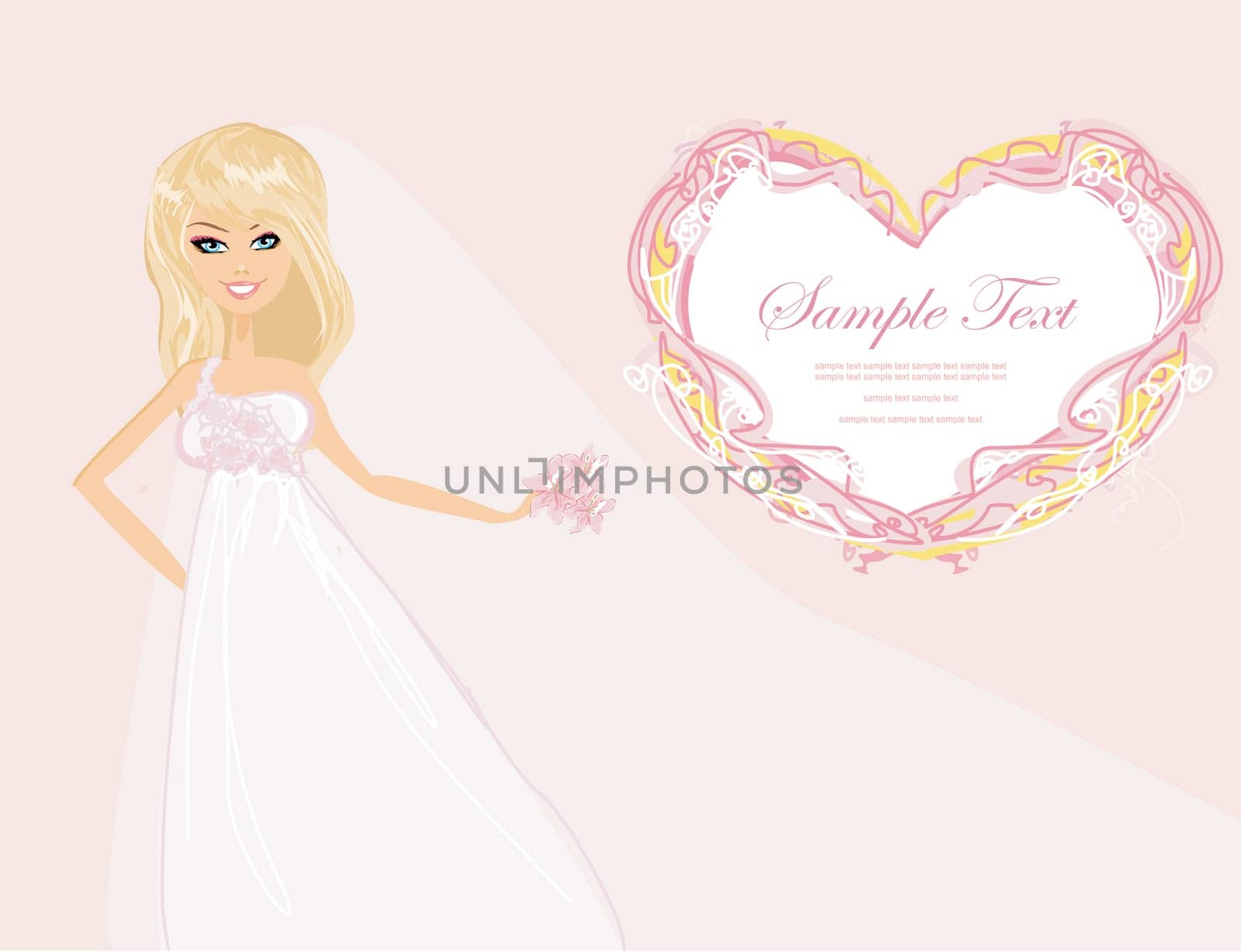 Beautiful happy bride with flowers card
