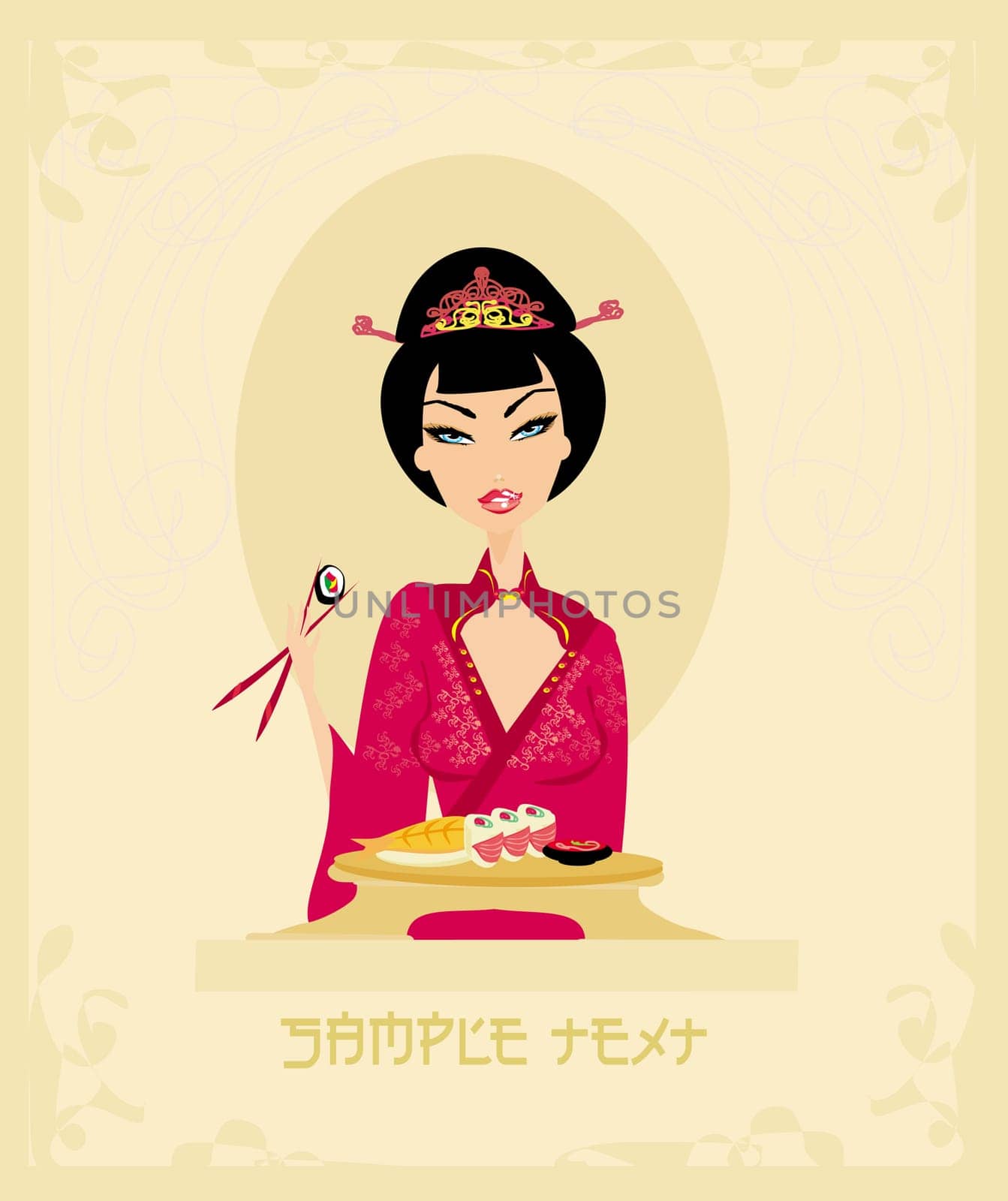 A beautiful woman enjoys sushi