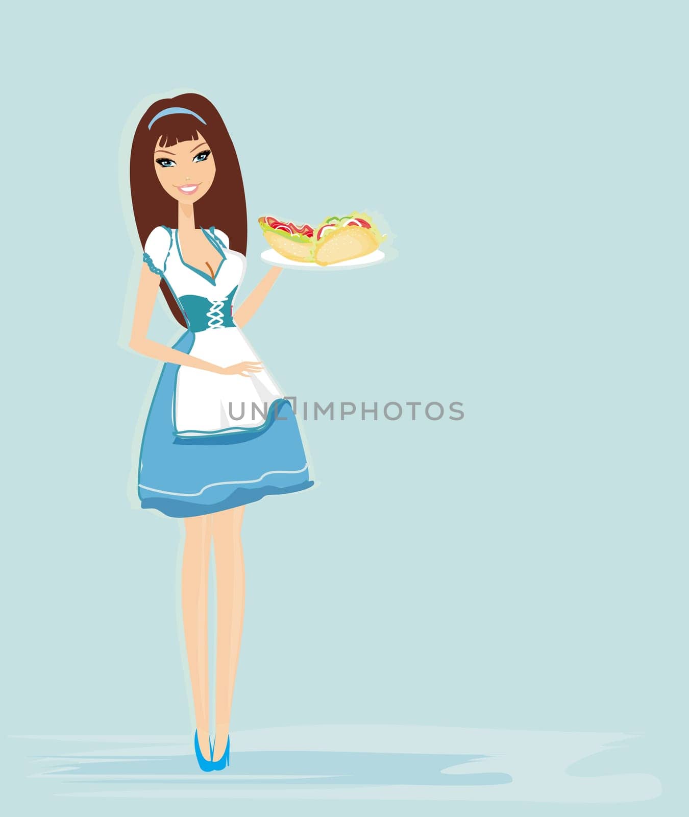 beautiful waitress with sandwich on a tray