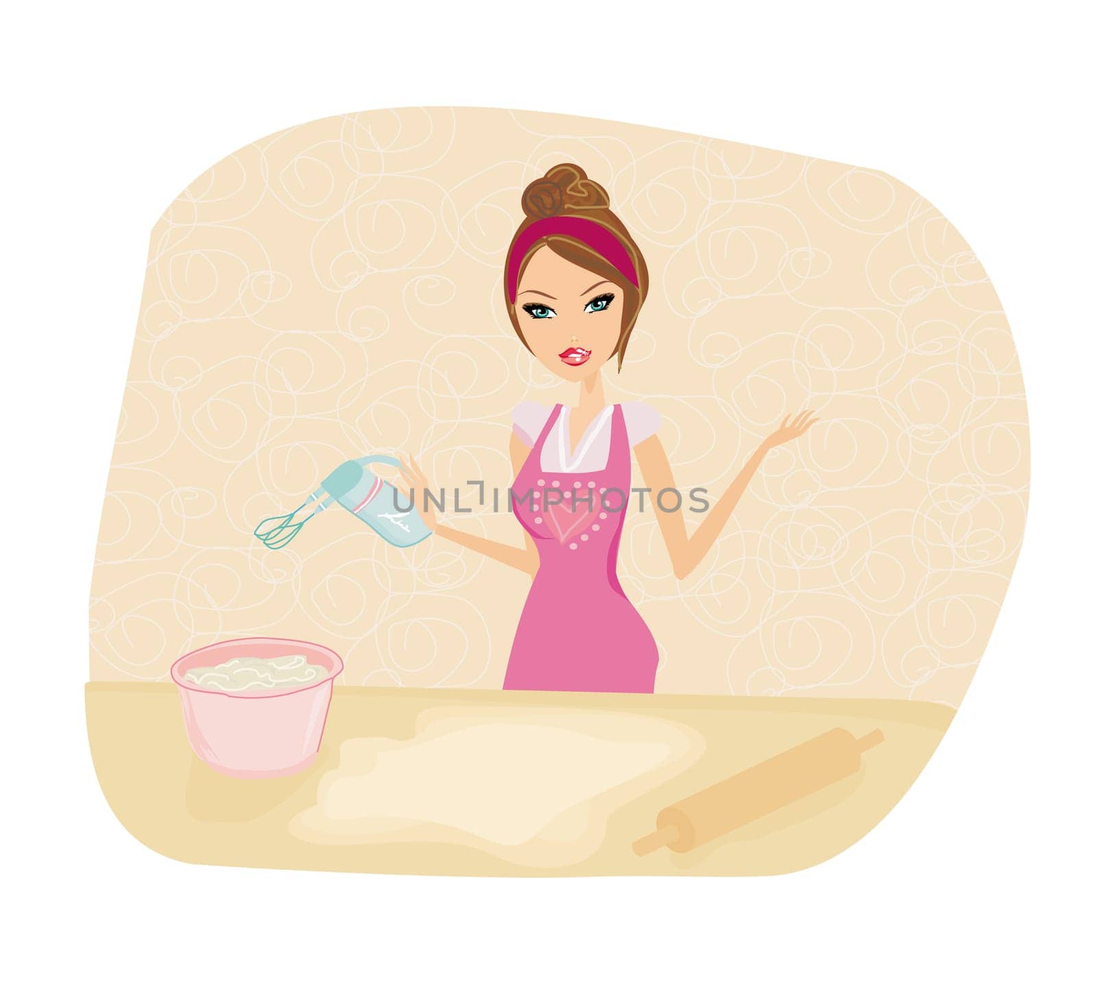 Beautiful lady cooking cake in the kitchen