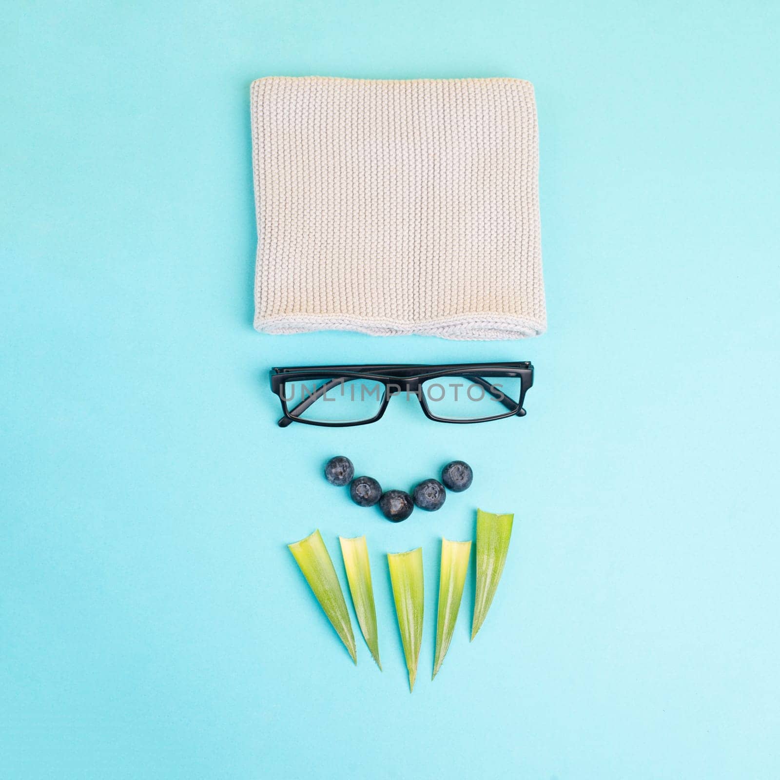 Human face of a man made with a wool hat, glasses and leaves as a beard, funny minimalist portrait, eco freak lifestyle, nerd