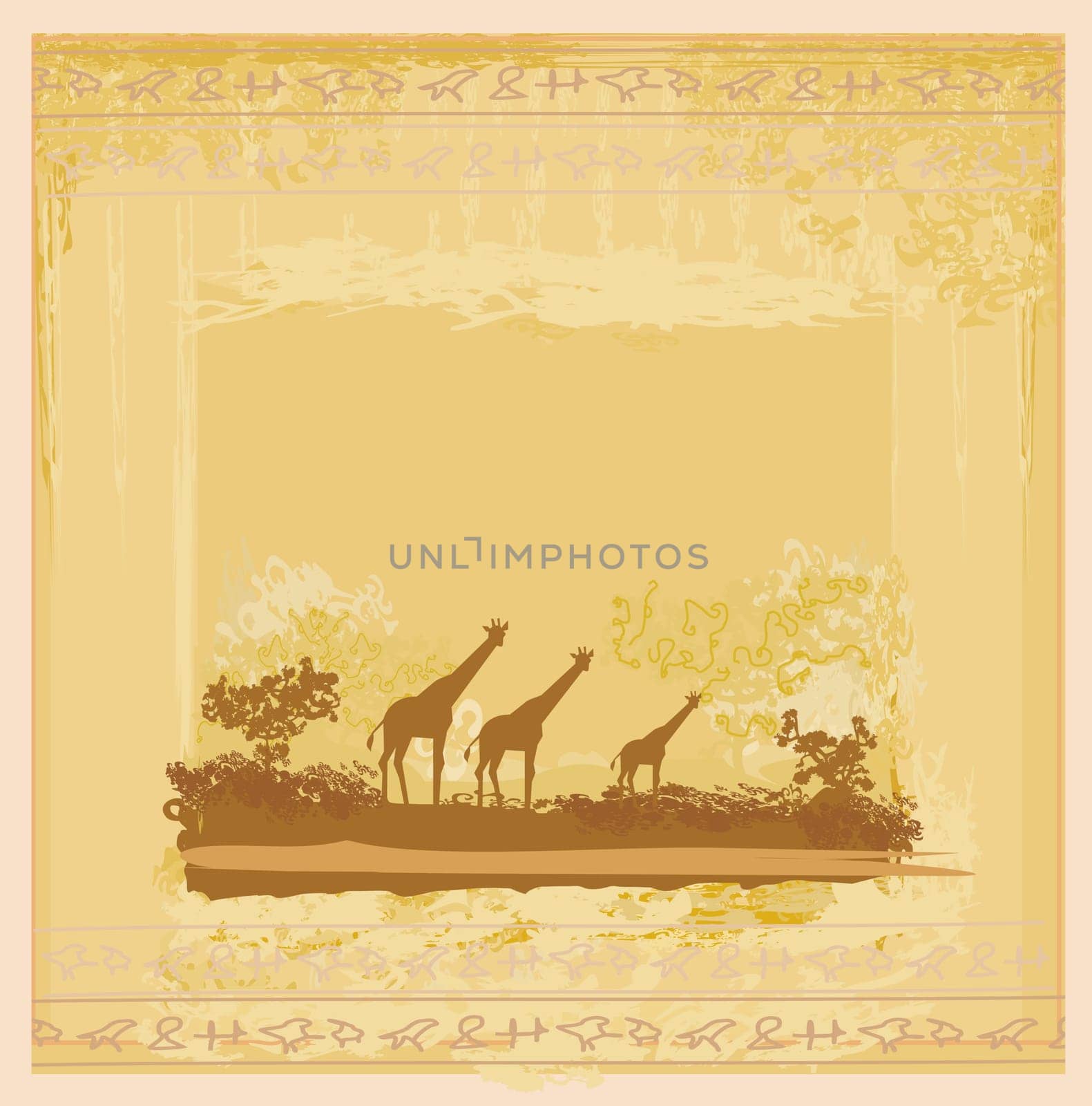 grunge background with giraffe silhouette on abstract African fauna and flora