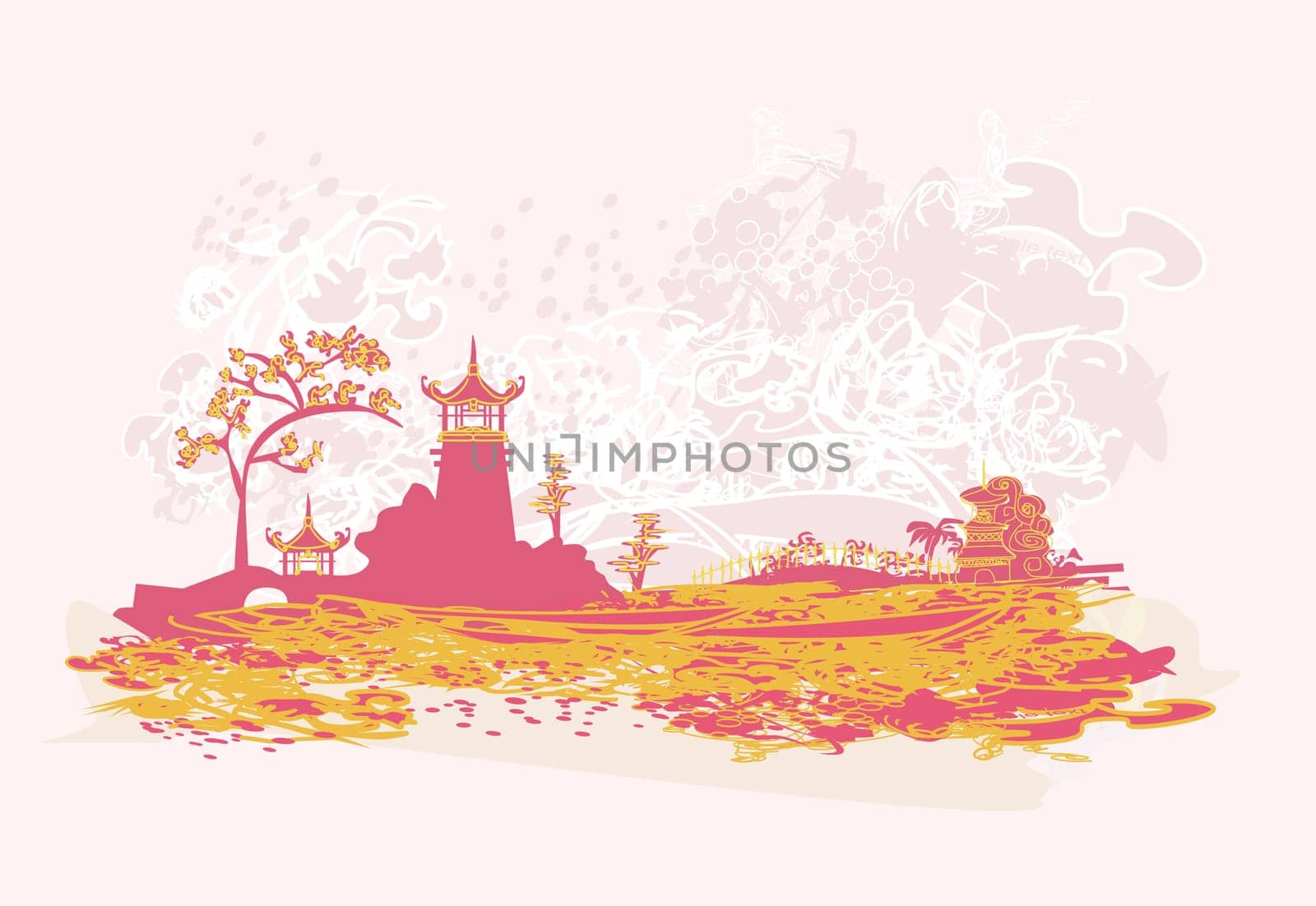 old paper with Chinese temple on abstract Asian Landscape