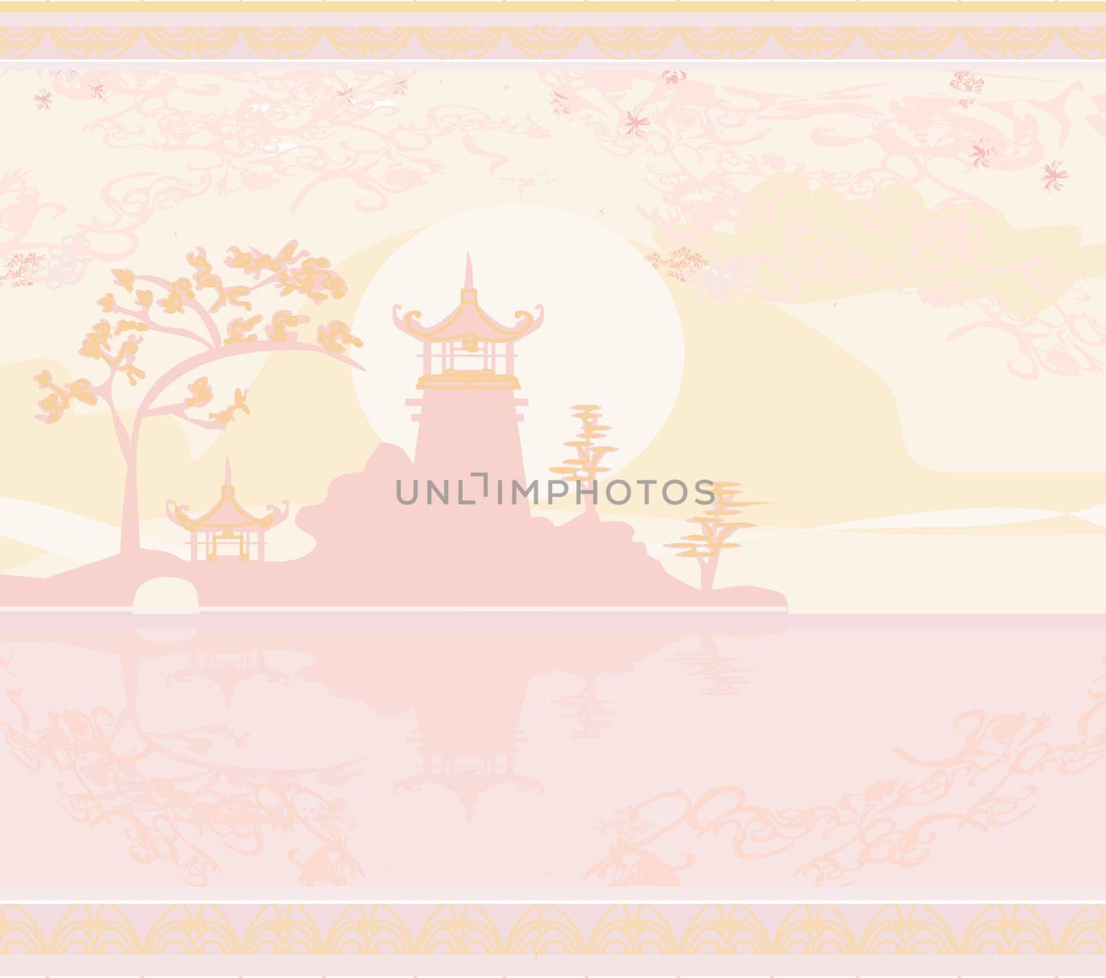 old paper with Chinese temple on abstract Asian Landscape