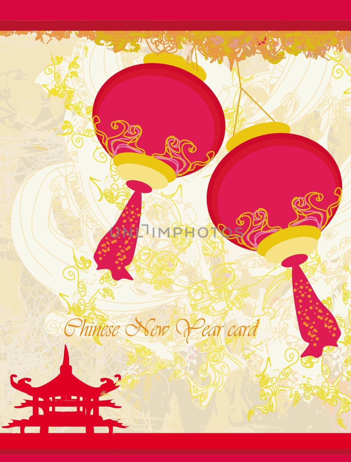 old paper with Asian Landscape and Chinese Lanterns