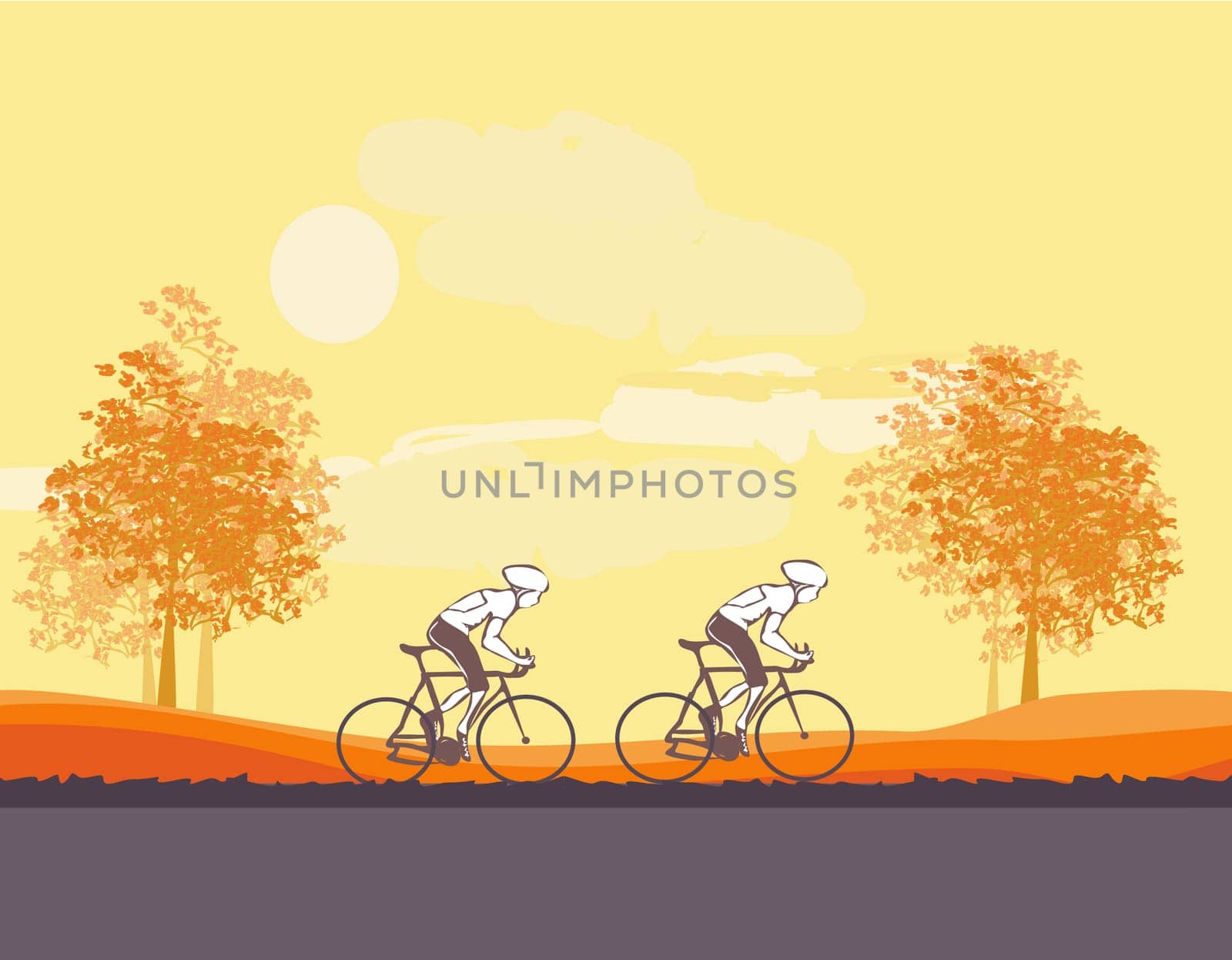 Cycling two man at sunset landscape Poster