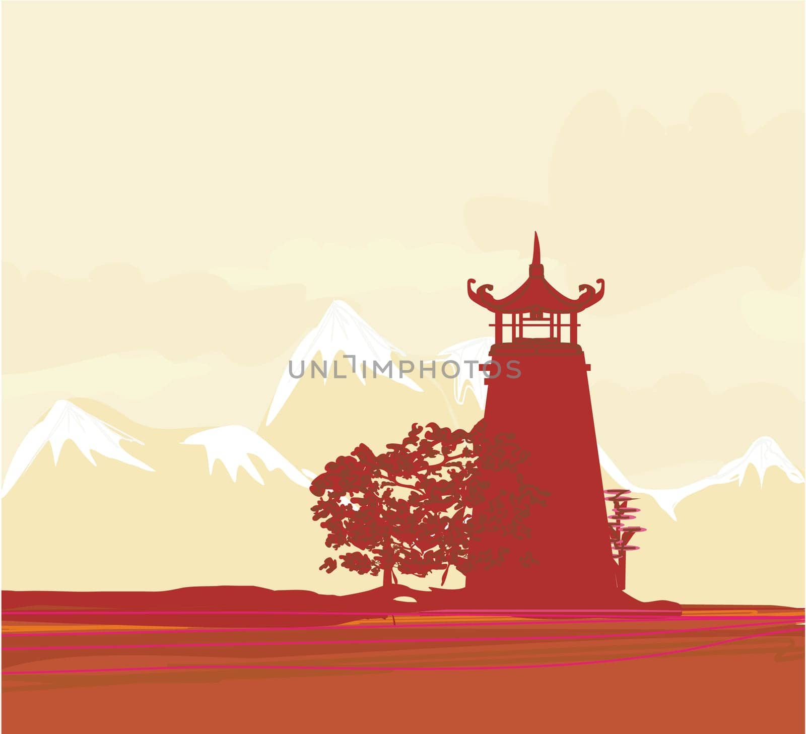 old paper with Chinese temple on abstract Asian Landscape