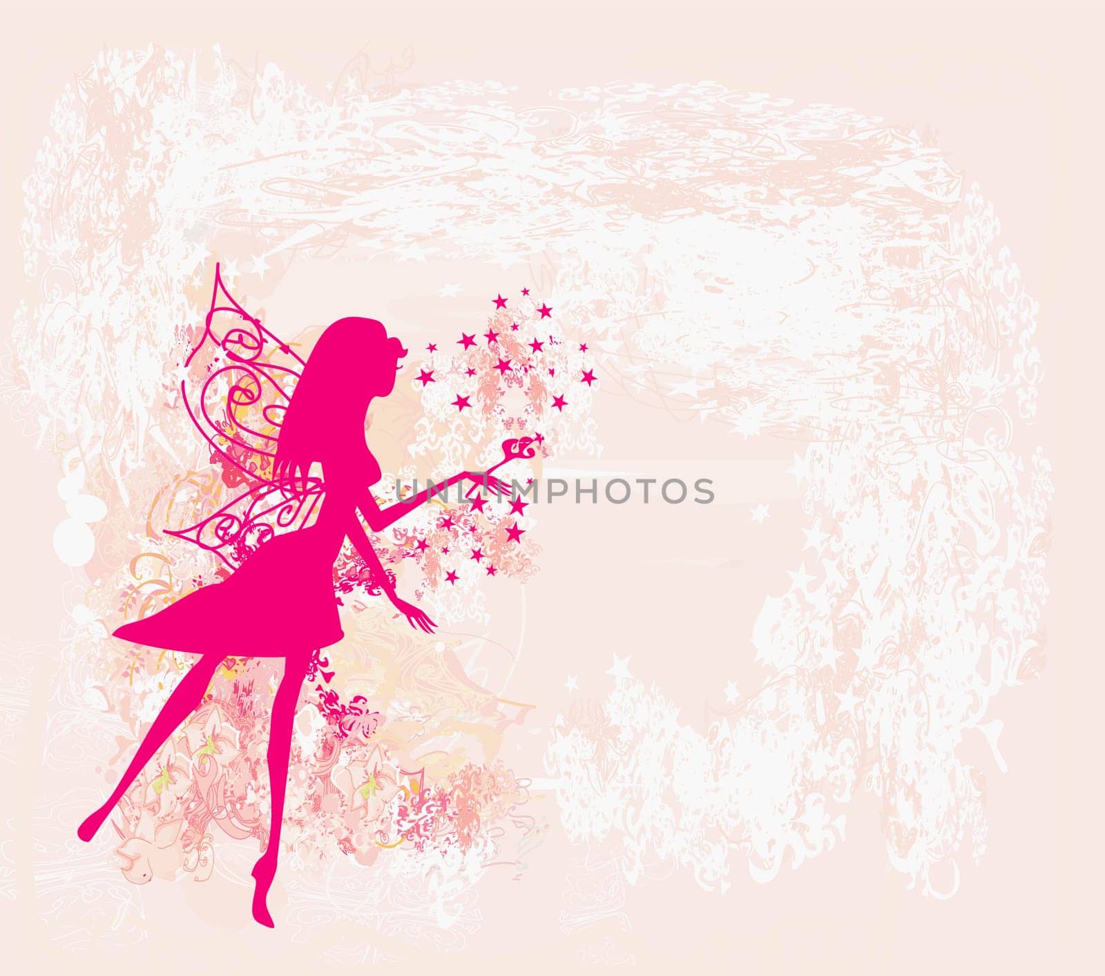 abstract floral background with a beautiful fairy silhouette with magic wand