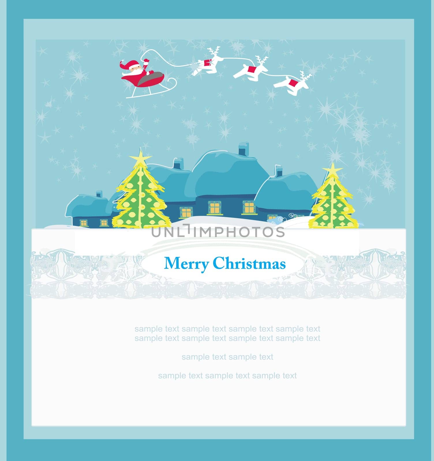 Happy New year card with Santa Claus and winter landscape