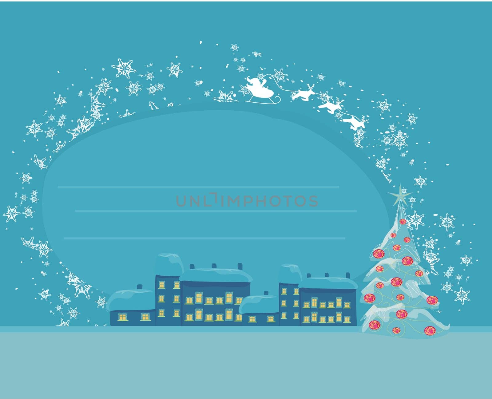 Happy New year card with Santa Claus silhouette and winter landscape
