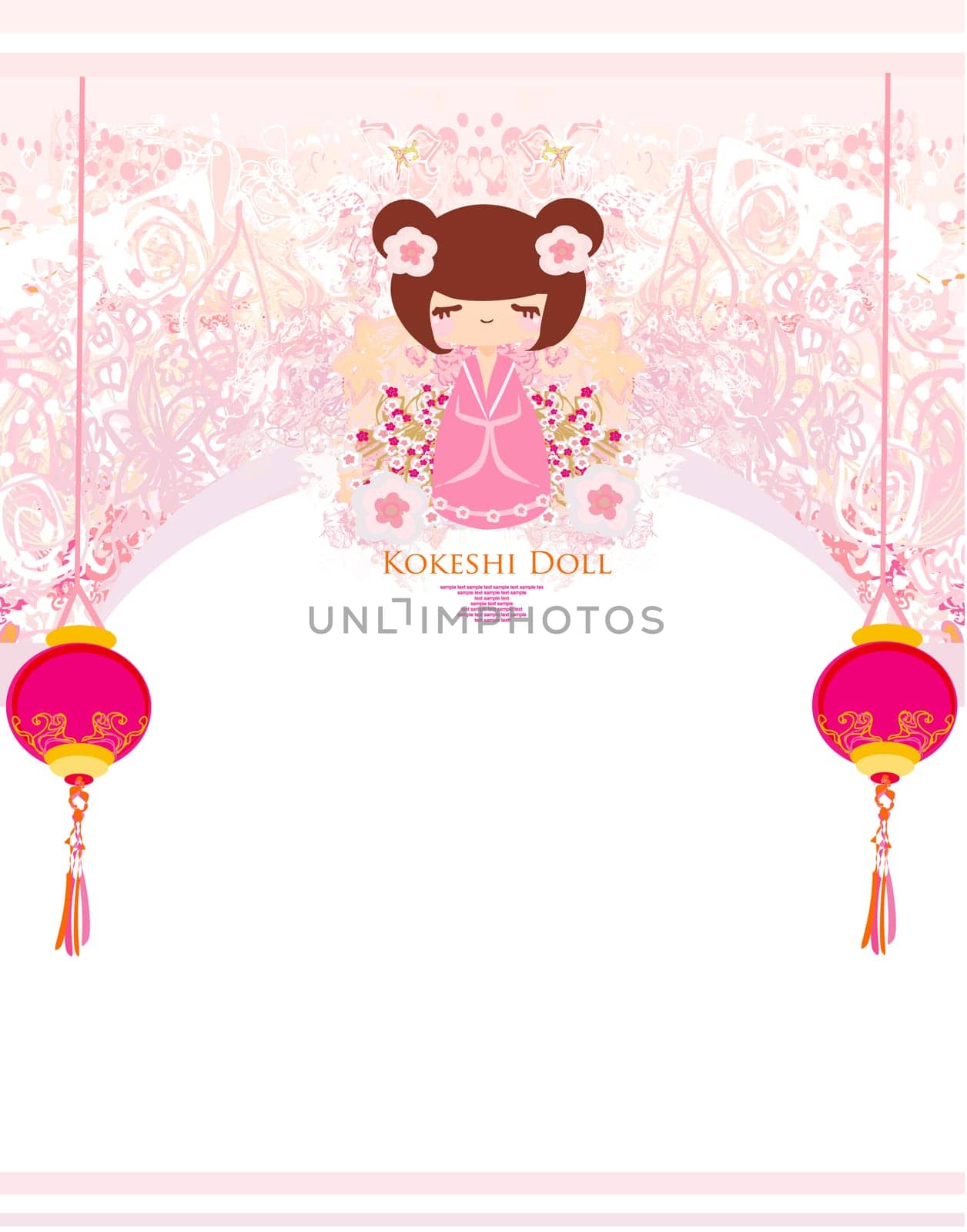 Kokeshi doll on the pink background with floral ornament and Chinese lanterns