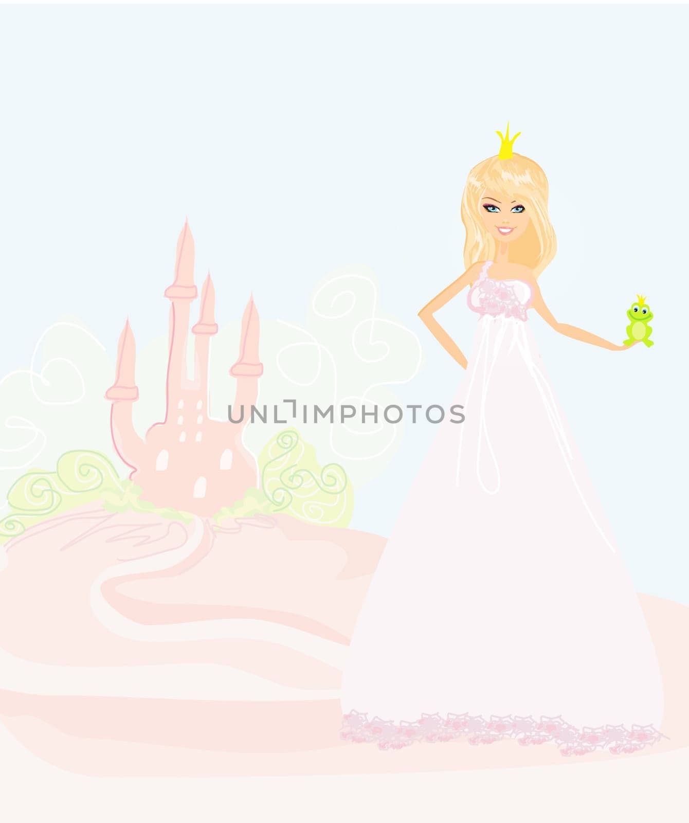 Beautiful young princess holding a big green frog