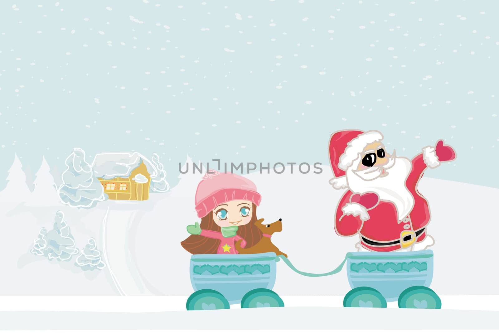 Happy New year card with Santa Claus in a mini train , sweet girl and winter landscape