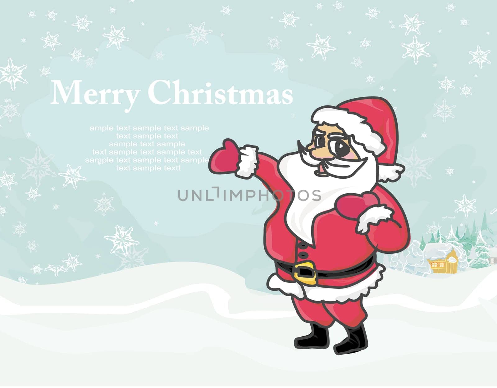 Happy New year card with Santa Claus and winter landscape