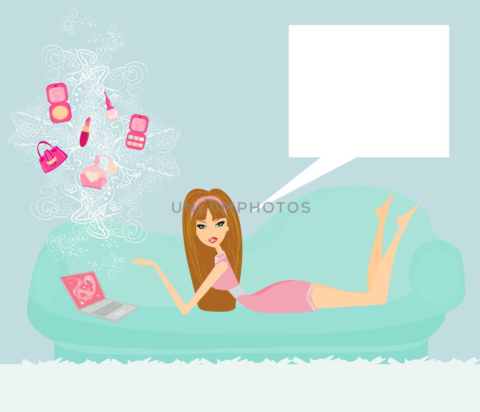 Online shopping girl on sofa in home