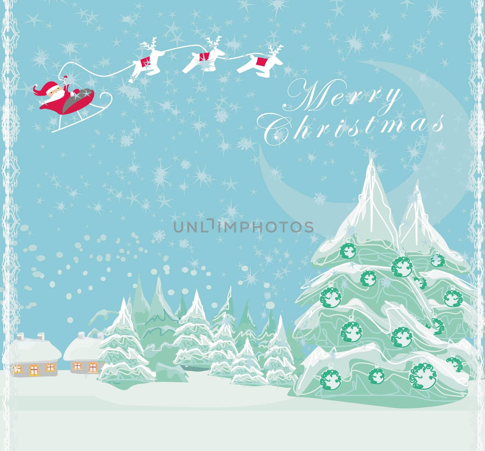 Happy New year card with Santa Claus and winter landscape