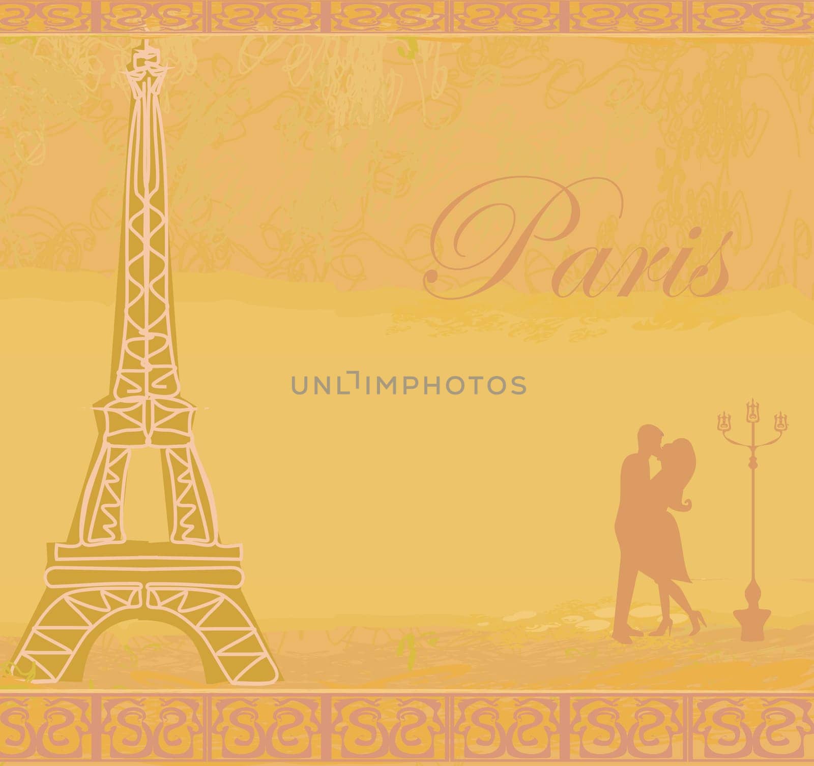 Romantic couple silhouette in Paris kissing near the Eiffel Tower Retro card