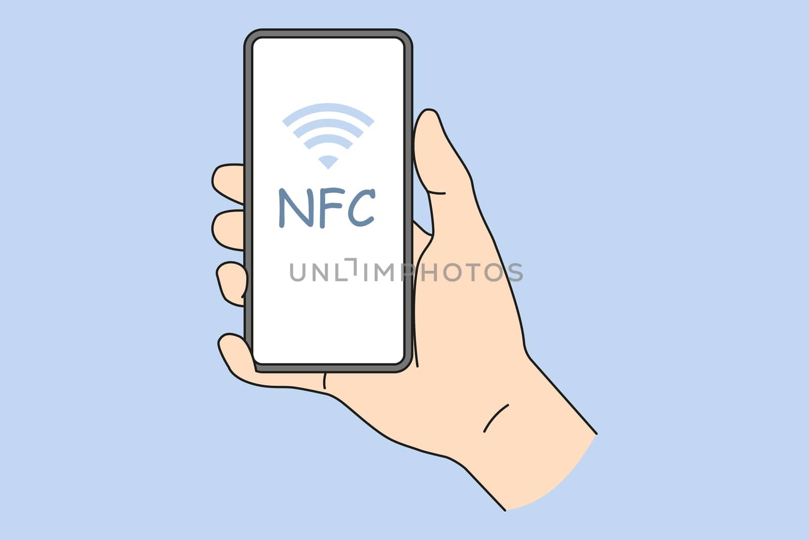 Person holding smartphone with NFC on screen. Near field communication technology on mobile phone. NFC payment with cellphone. Flat vector illustration.
