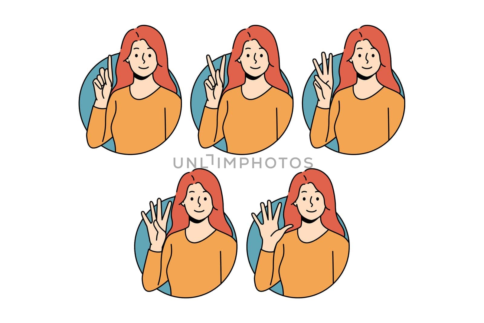 Set of smiling woman showing numbers with hand gesture. Happy girl demonstrate numeric combinations with fingers. Body language, nonverbal communication. Vector illustration.