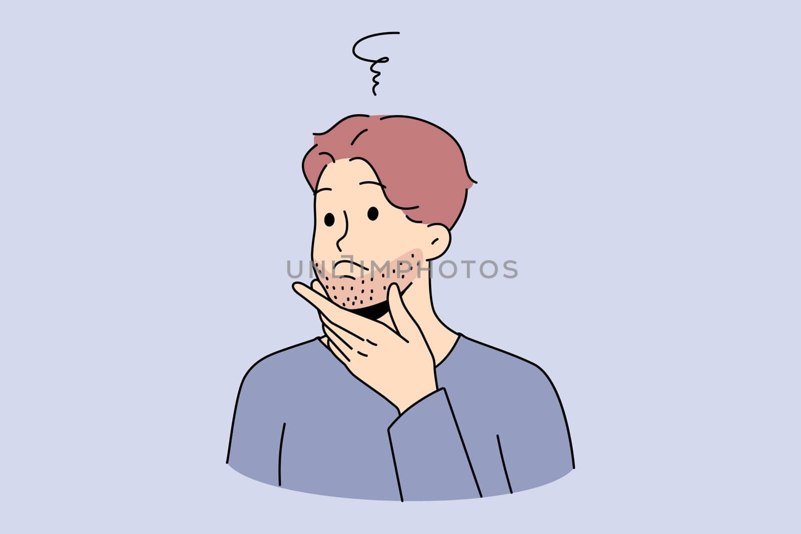 Young man touching beard think of shaving. Guy feel confused about bristle or face hair. Male hygiene and beauty care. Flat vector illustration.