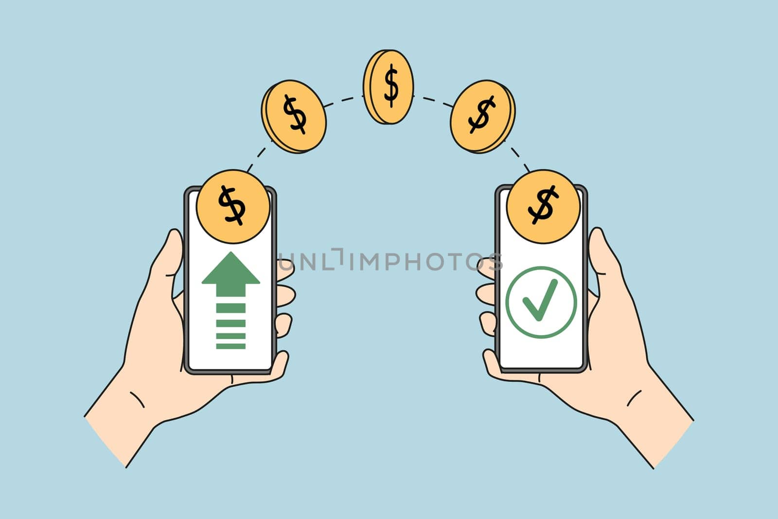 People sending money online via easy banking on cellphones. Finance transfer using smartphone application. Mobile wireless payment on cellular. Virtual wallet. Vector illustration.