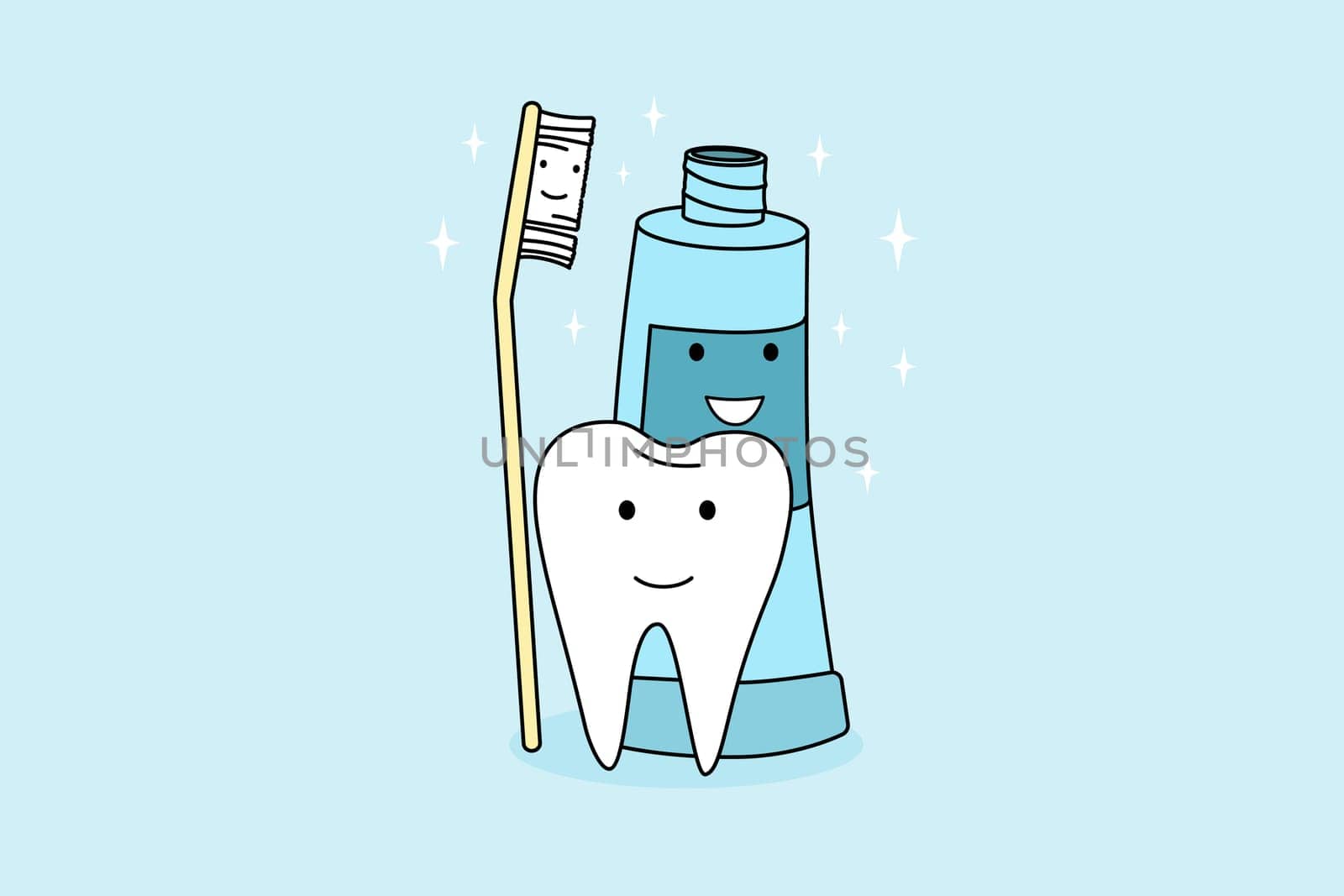 Smiling tooth, toothbrush and toothpaste feeling positive recommend good oral care. Concept of dental treatment and healthcare. Dentistry recommendation. Vector illustration.