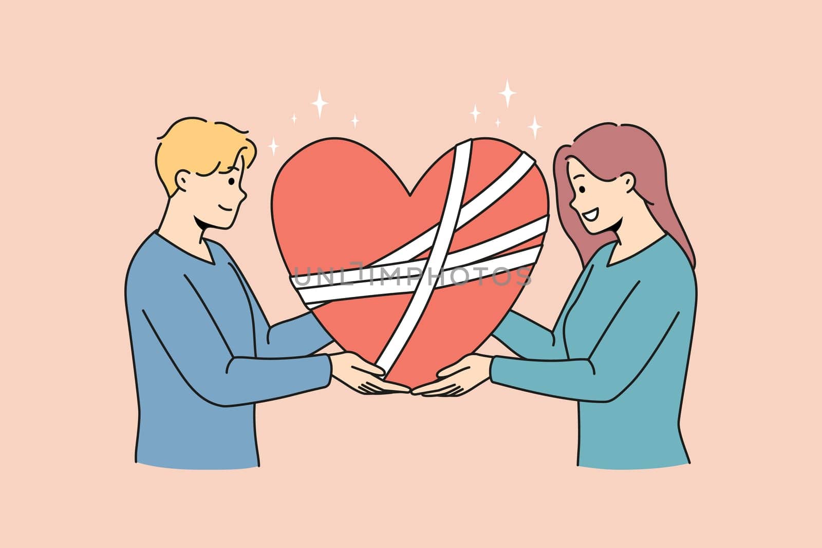 Happy man and woman hold in hands fixed broken heart with bandages on surface. Concept of couple counseling and marriage save session. Love and forgiveness. Vector illustration.