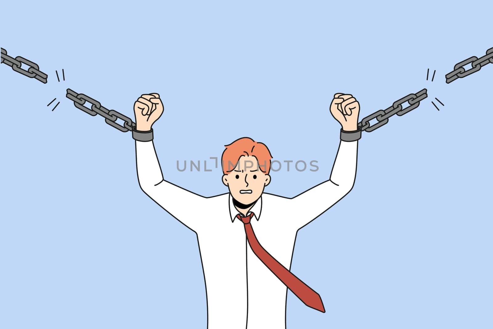 Motivated strong man break chains strive being free and independent. Powerful businessman reach independency and freedom. Self-employment concept. Vector illustration.