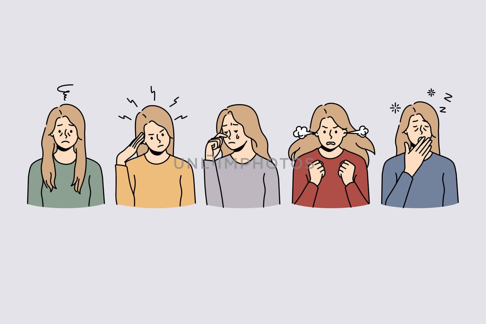 Set of young women having different symptoms and emptions of stress in life. Unhappy distressed females suffer from emotional or nervous breakdown. Flat vector illustration.