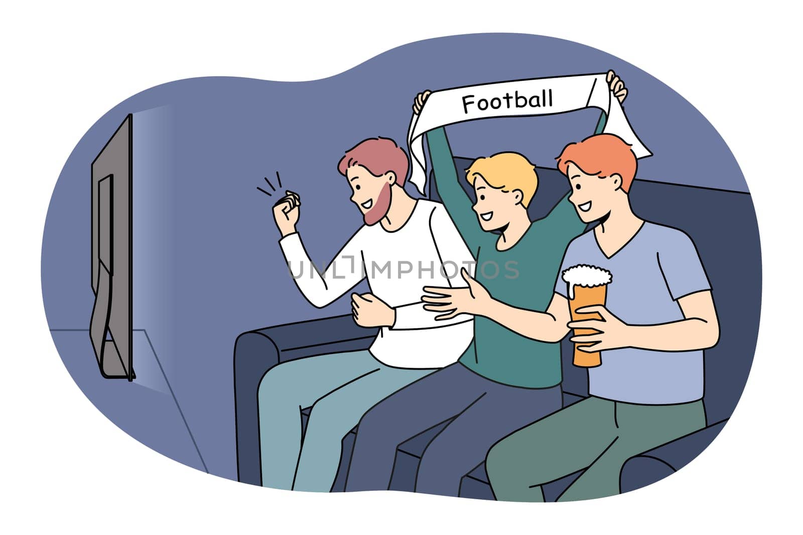 Overjoyed guys sit on coach drinking beer watching football on TV. Happy men enjoy sport game on television. Fan or supporters cheering favorite team. Vector illustration.