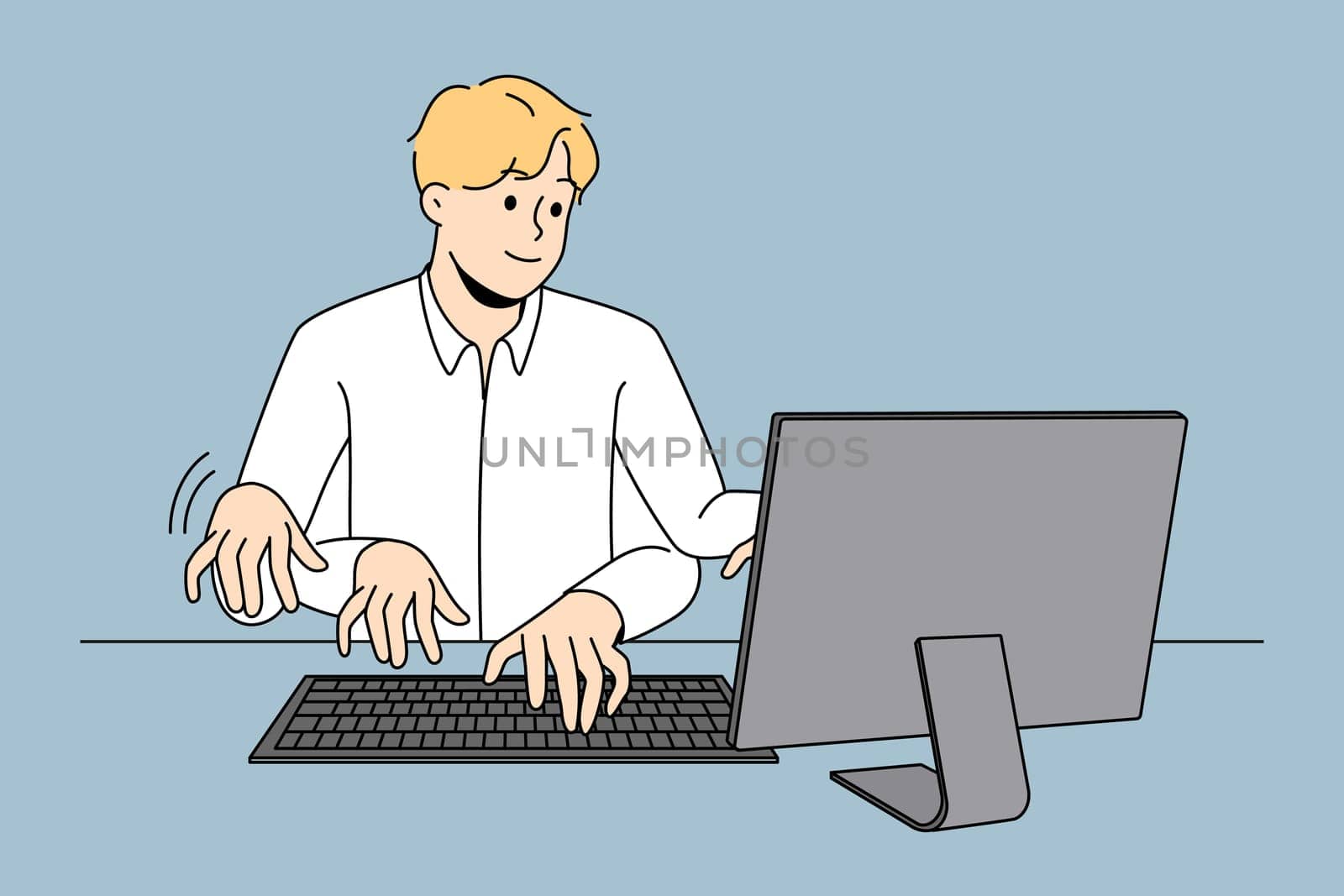 Businessman working on computer with numerous hands being fast and productive at work. Male employee typing at laptop at high speed. Productivity and multitasking. Vector illustration.