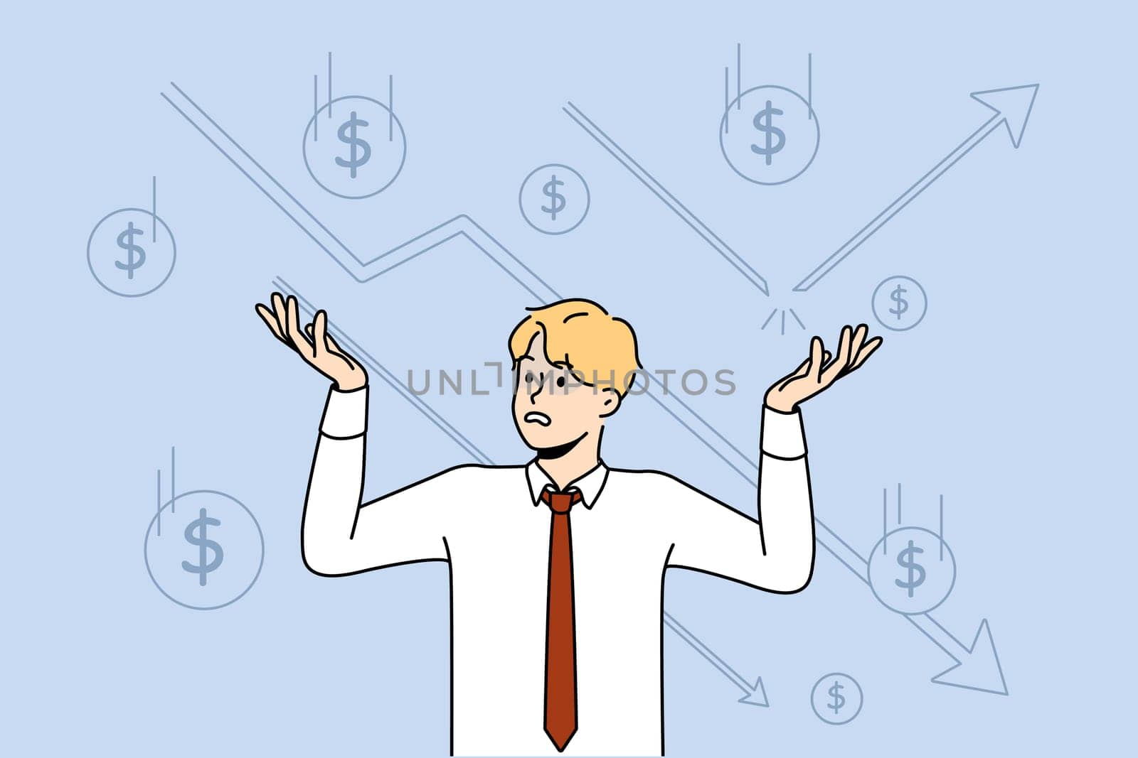 Unhappy businessman feel frustrated with stock market crisis losing money. Distressed man employee confused with financial depression and bankruptcy. Flat vector illustration.