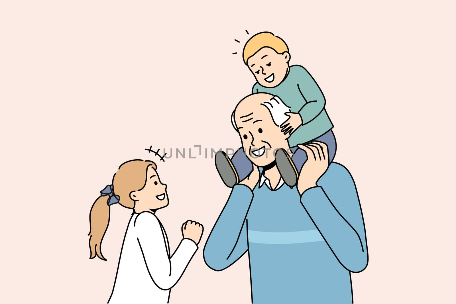 Happy mature grey-haired grandfather playing with small grandchildren. Loving grandpa have fun enjoy playful activity or game with little grandkids. Family bond. Vector illustration.