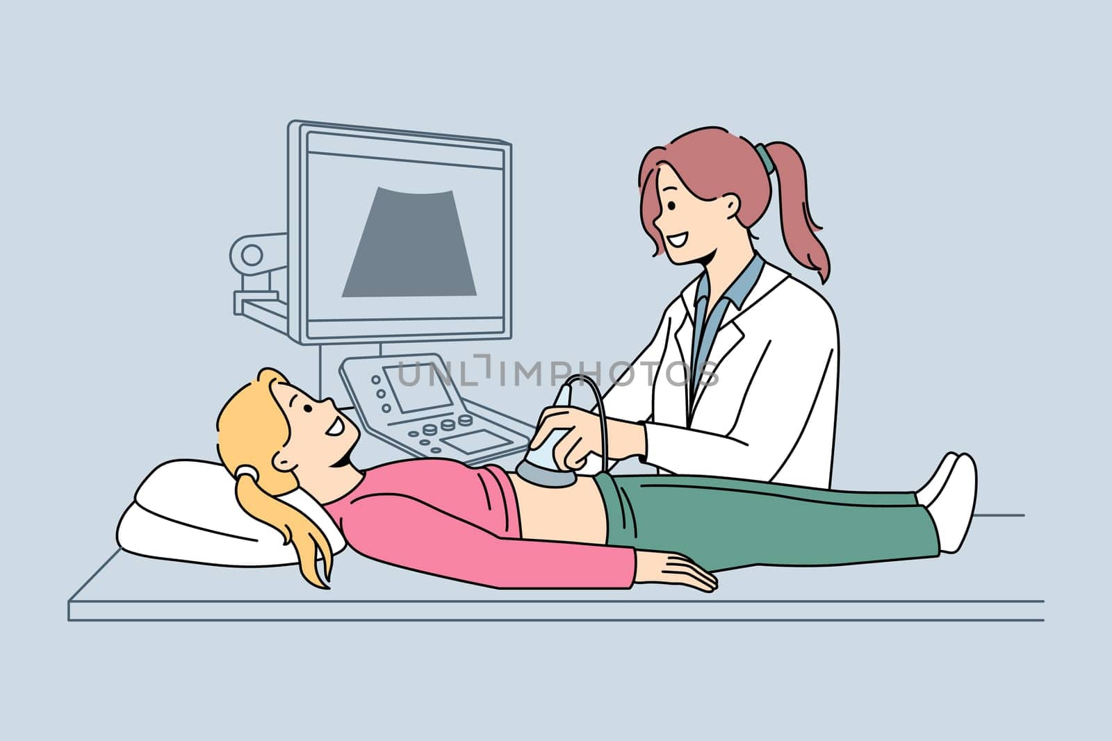 Female doctor do ultrasound examination for small girl in hospital. Woman therapist or pediatrician make checkup perform organs scanning to teen kid in clinic. Healthcare. Vector illustration.