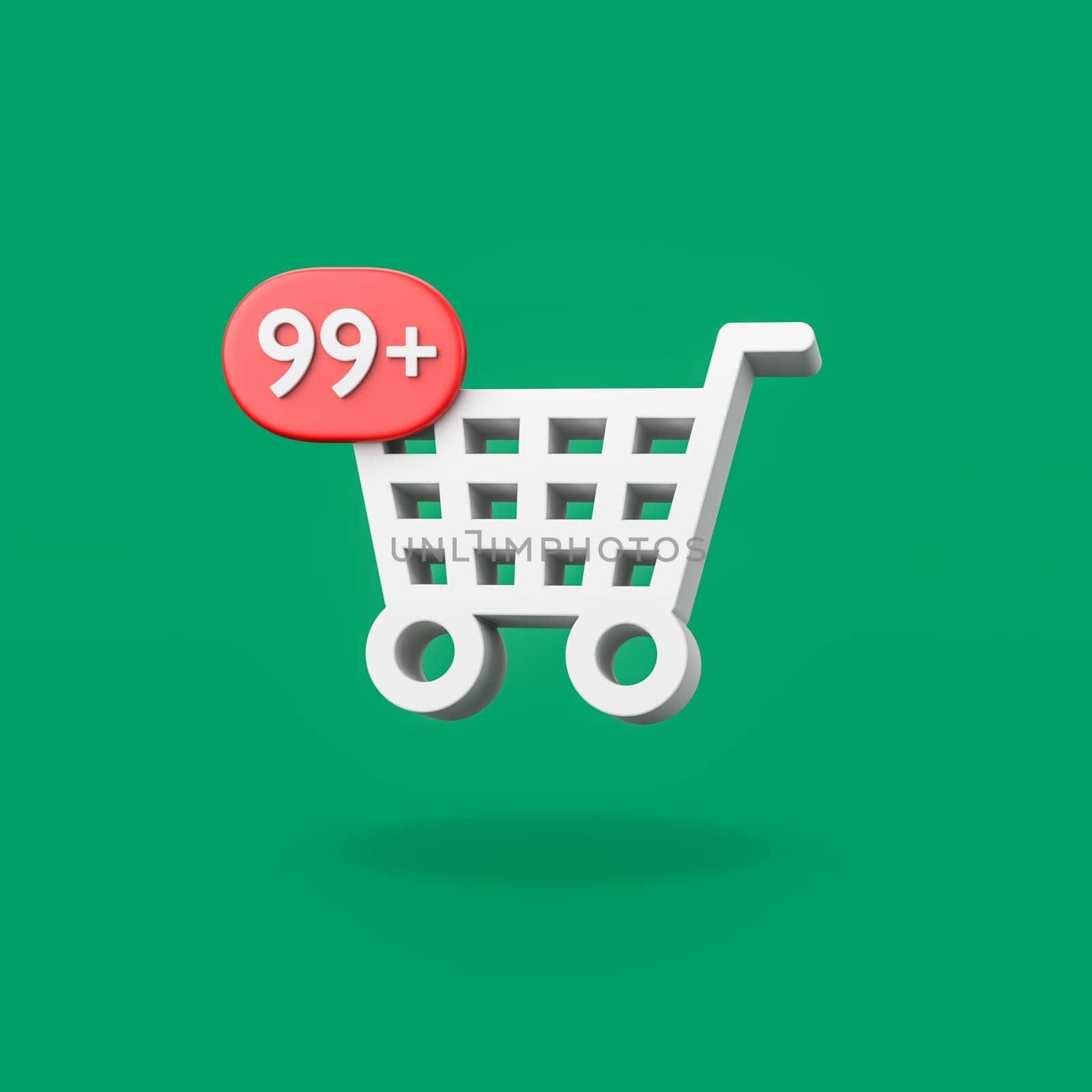 Shopping Cart Shape with Ninety Nine Red Notification on Flat Green Background with Shadow 3D Illustration